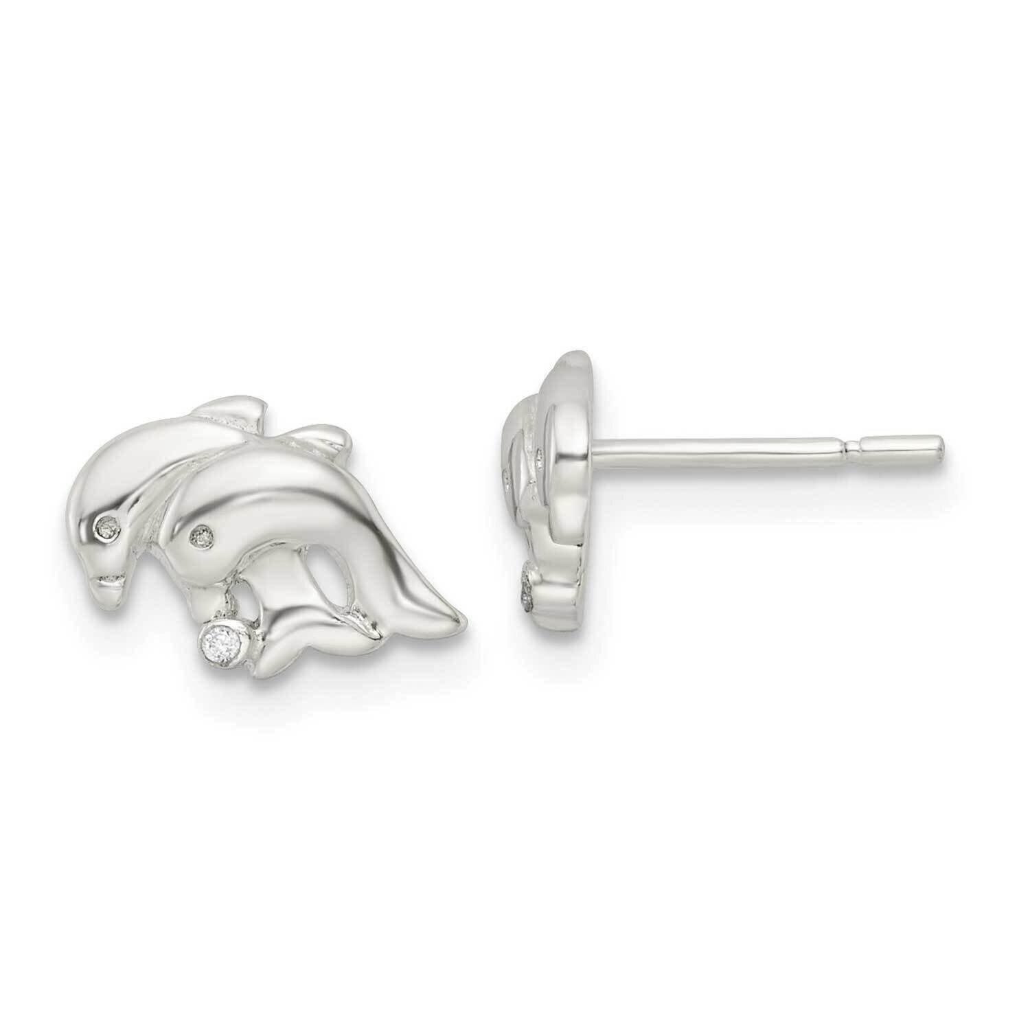 CZ Diamond Twin Dolphin Post Earrings Sterling Silver Polished QE16497, MPN: QE16497, 196904167519