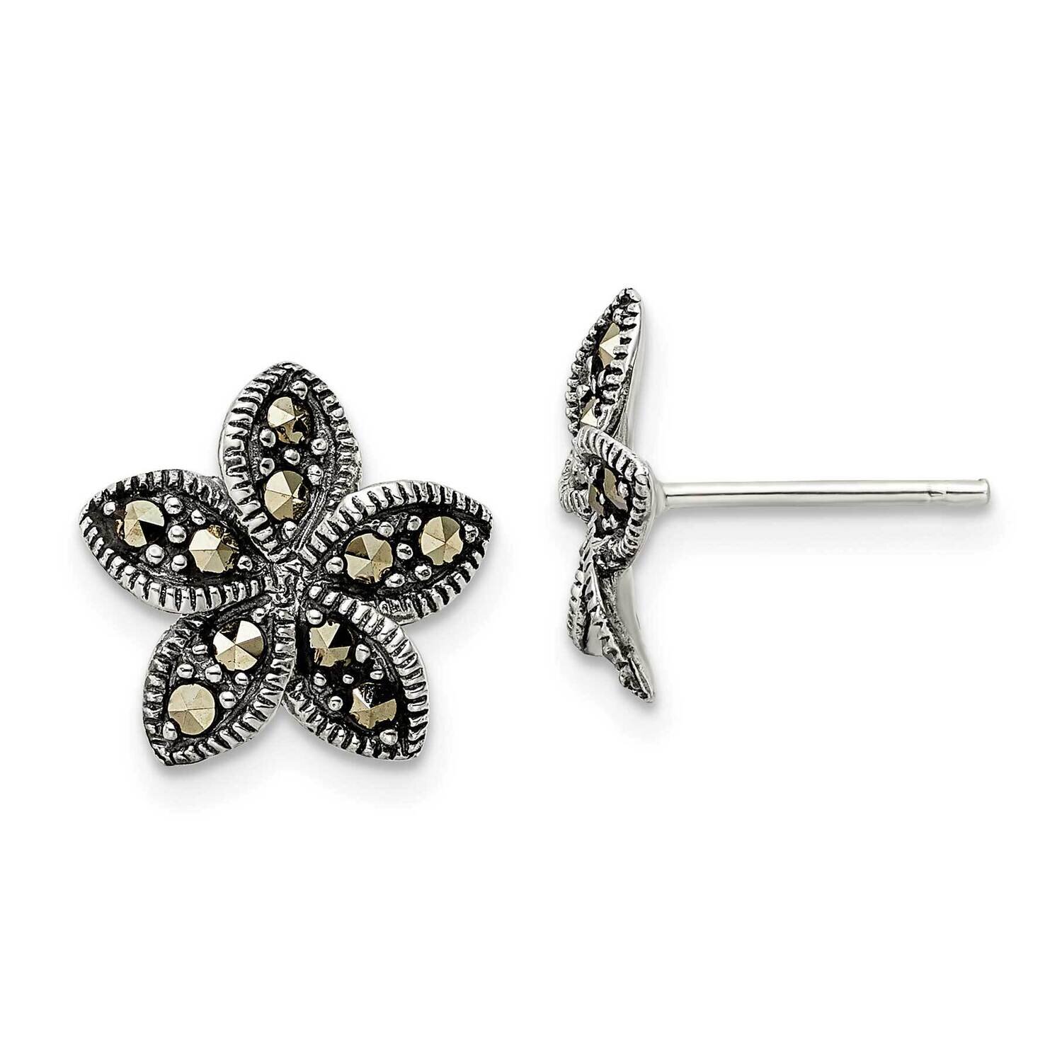 Marcasite Flower Post Earrings Sterling Silver Antiqued QE16517, MPN: QE16517, 196904166574