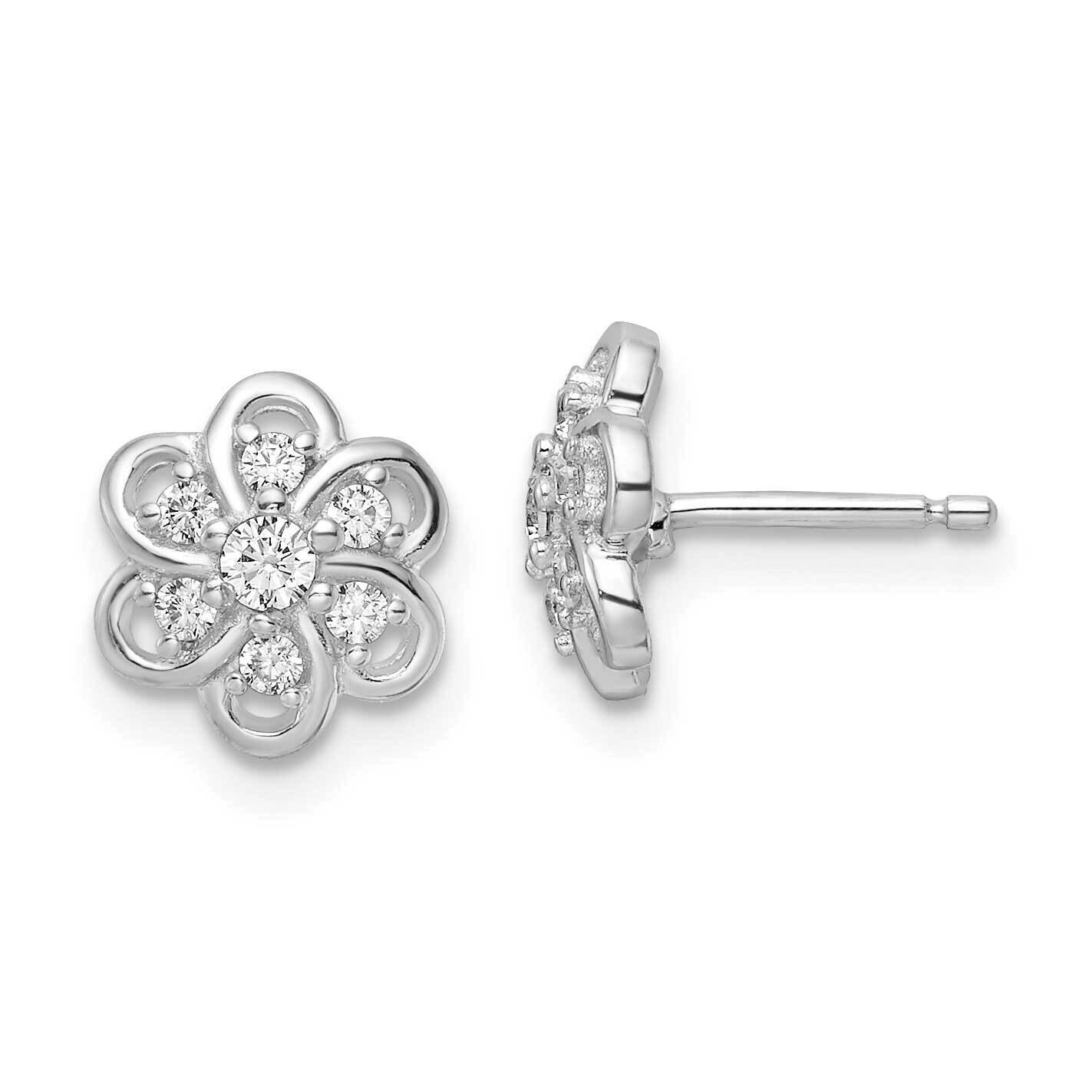 CZ Diamond Flower Post Earrings Sterling Silver Rhodium-Plated QE16524