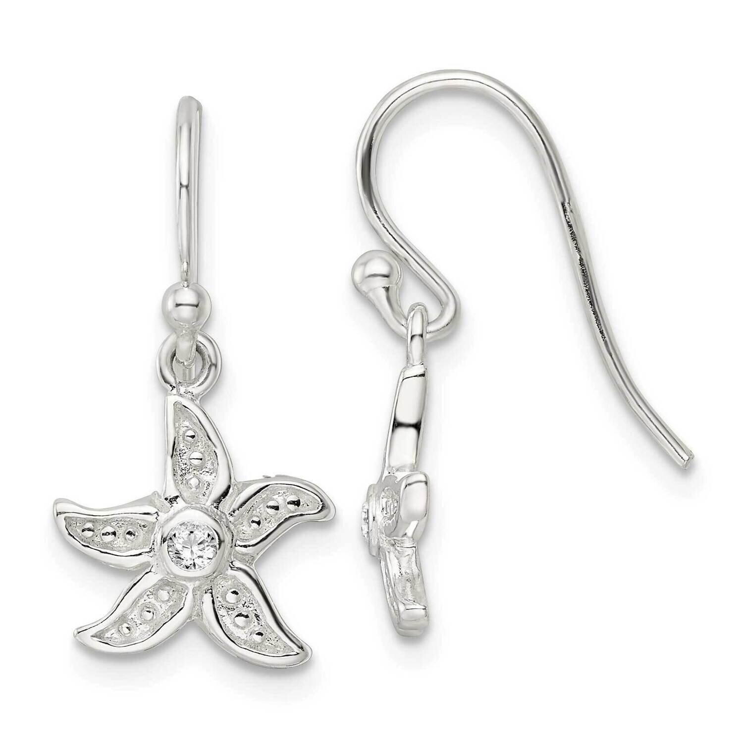 CZ Diamond Center Starfish Shepherd Hook Earrings Sterling Silver Textured QE16534