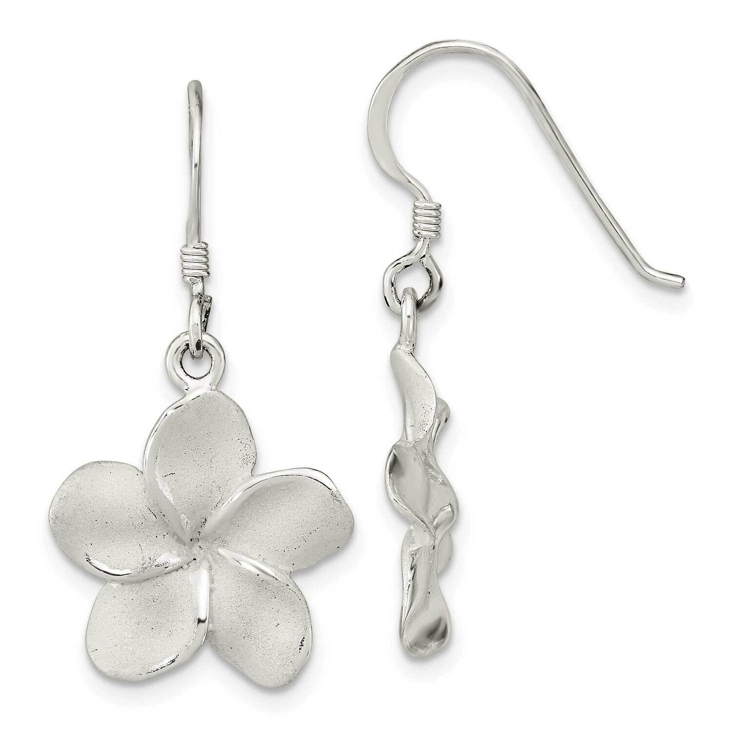 Laser &amp; Polished Plumeria Shephard Hook Earrings Sterling Silver QE16535