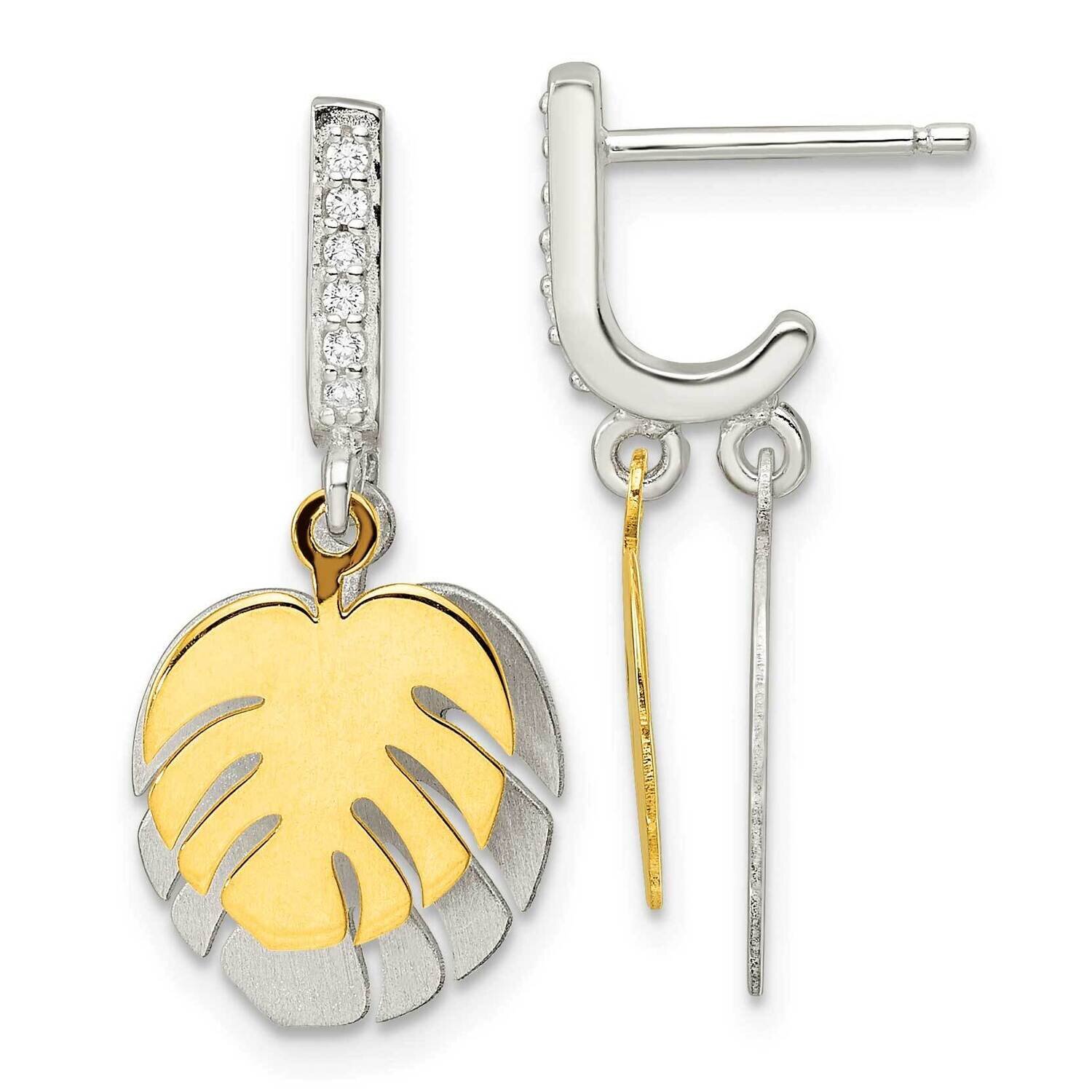 Palm Leaves CZ Diamond J-Hoop Post Earrings Sterling Silver Gold-Tone QE16543, MPN: QE16543, 196904…