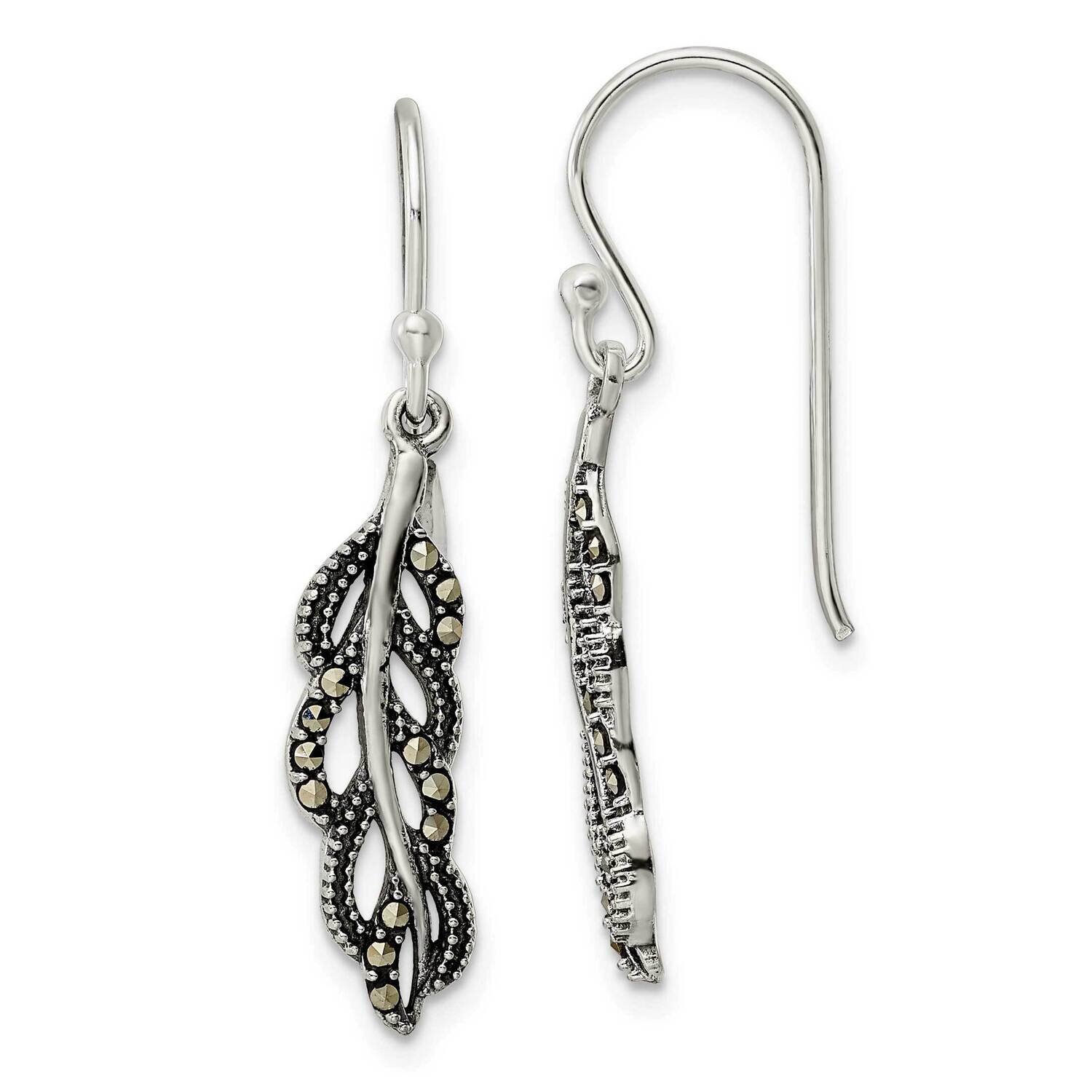 Marcasite Feather Dangle Earrings Sterling Silver Antiqued QE16544, MPN: QE16544, 196904167151