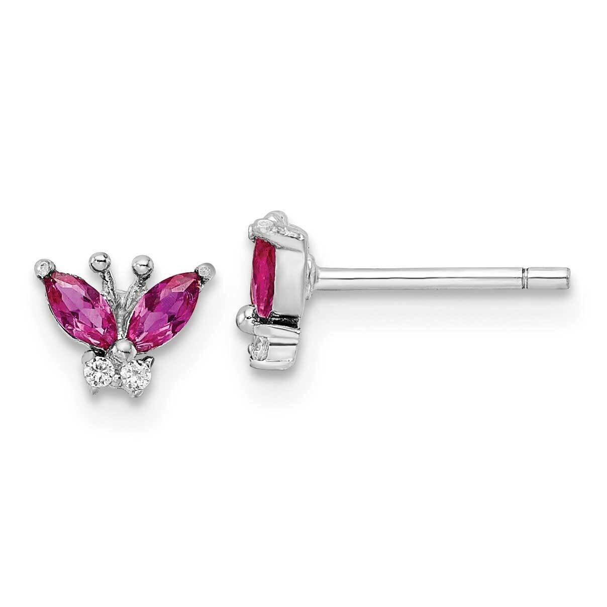 Red & White CZ Diamond Butterfly Post Earrings Sterling Silver Rhodium-Plated QE16555