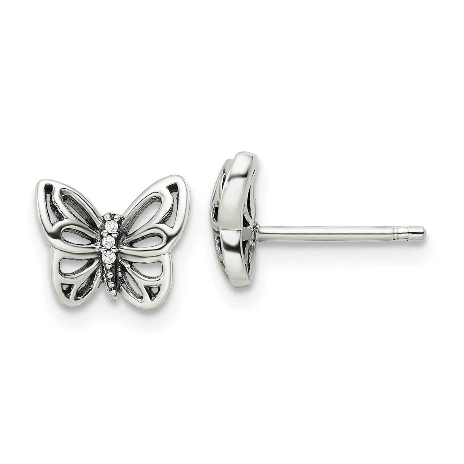 CZ Diamond Butterfly Post Earrings Sterling Silver Antiqued QE16560, MPN: QE16560, 196904167069