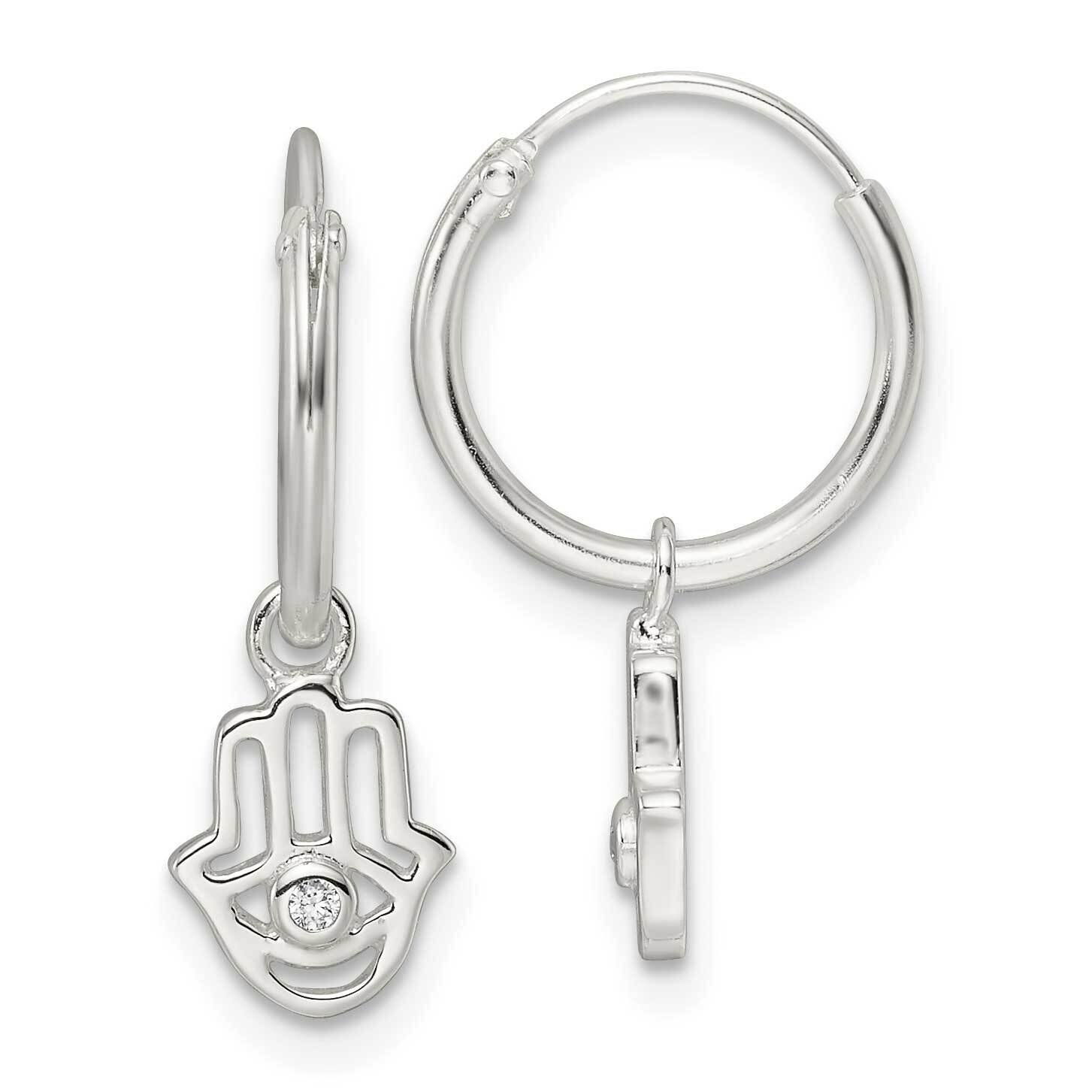 CZ Diamond Dangle Hamsa Endless Hoop Earrings Sterling Silver Polished QE16583