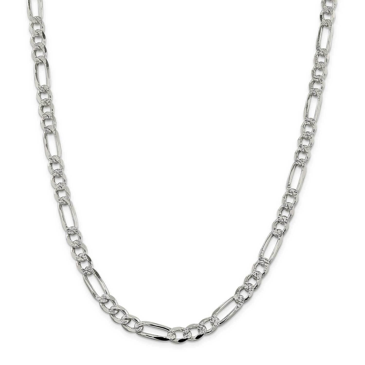 7.25mm Pave Flat Figaro Chain 28 Inch Sterling Silver QFF200-28