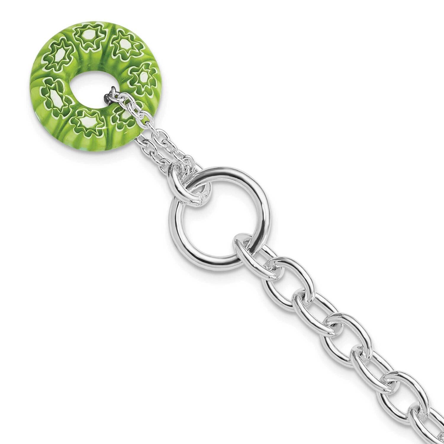 Green Flower Design Bead Charm Bracelet Sterling Silver QG1495-7.5