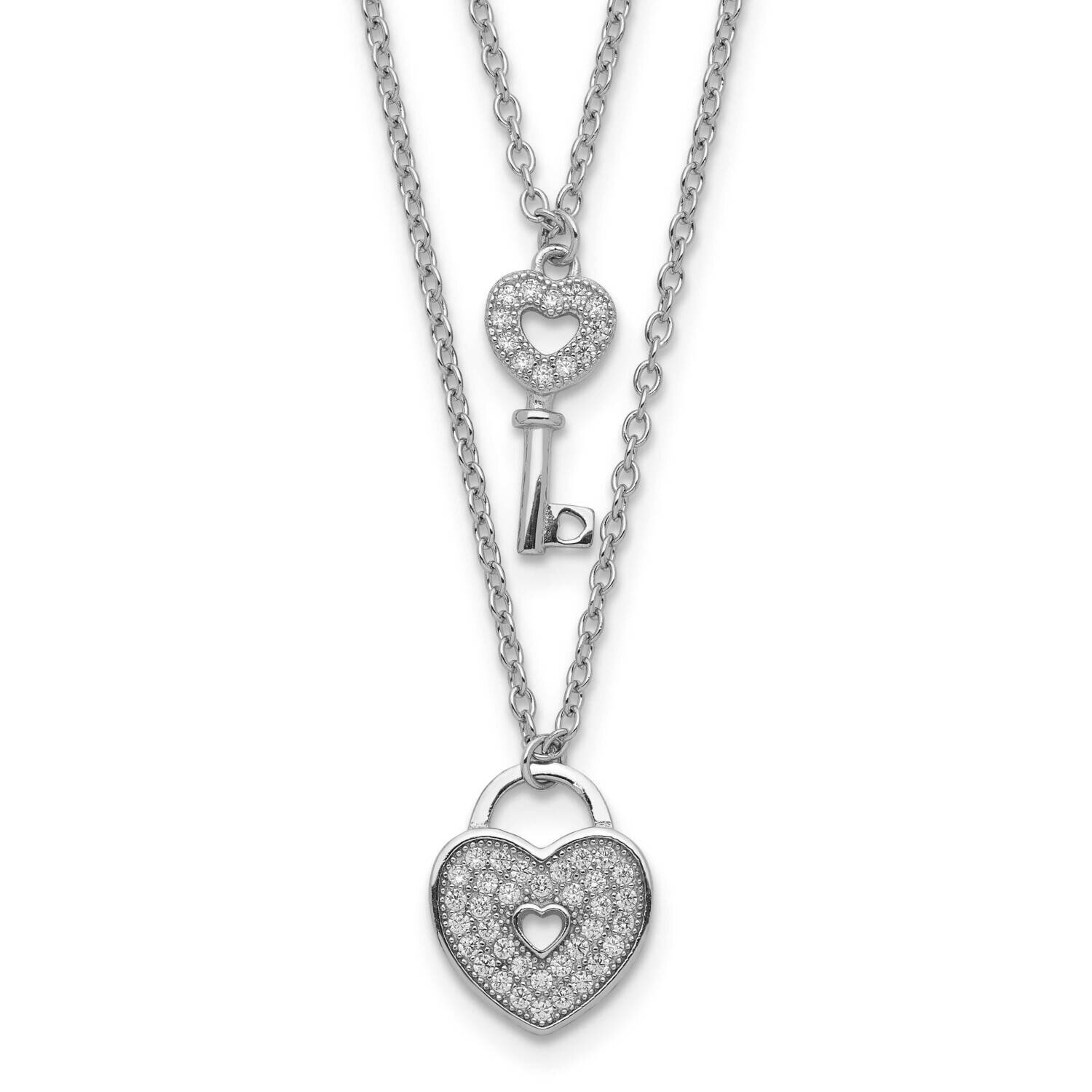 CZ Diamond Heart Lock Key with 2 Inch Extender Necklace 18 Inch Sterling Silver Rhodium-Plated QG5156-16