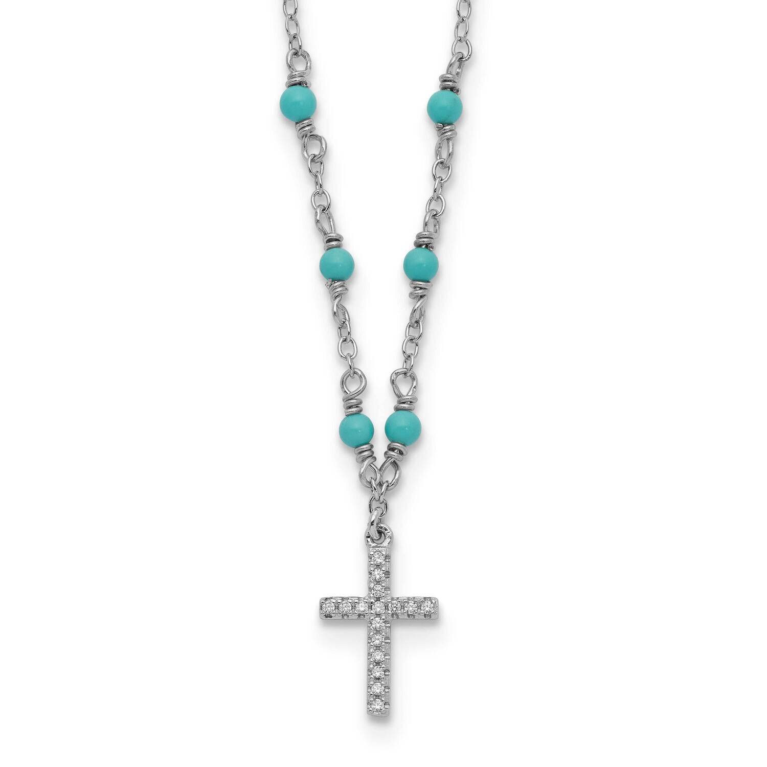 CZ Diamond Cross Synth. Turquoise 2 Inch Extender Necklace 16 Inch Sterling Silver Rhodium-Plated Q…