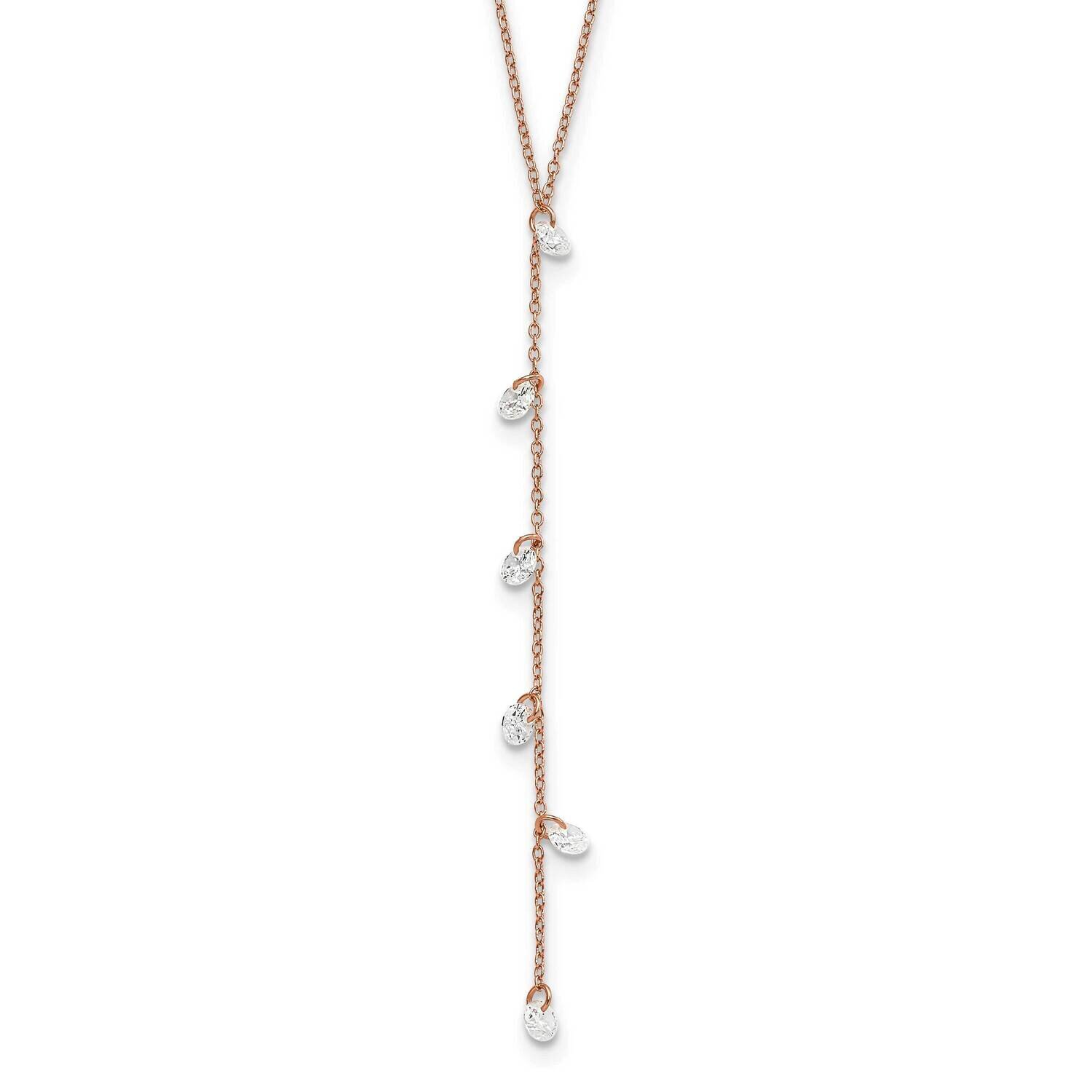 CZ Diamond Dangle with 2 Inch Extender Necklace 16 Inch Sterling Silver Rose-Tone QG5307-16