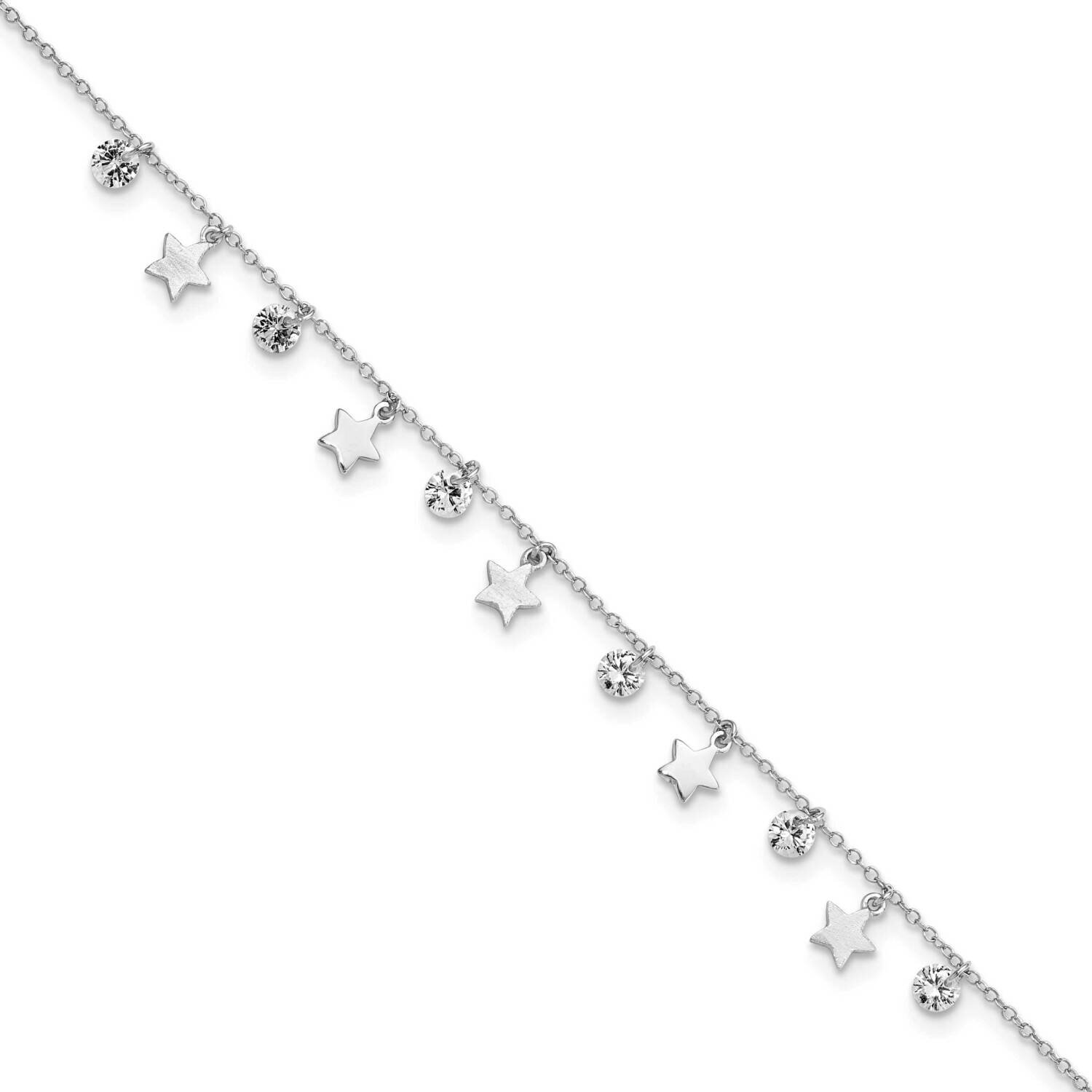 Polished and Brushed Star CZ Diamond 9 Inch Plus 1 Inch Extender An Sterling Silver Rhodium-Plated …