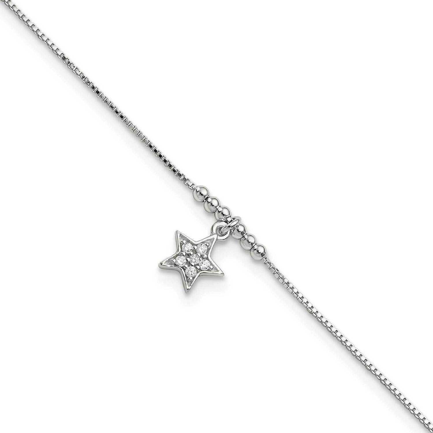 Star and Beads 9 Inch Plus 1 Inch Extender Anklet Sterling Silver Cz Diamond QG5754-9