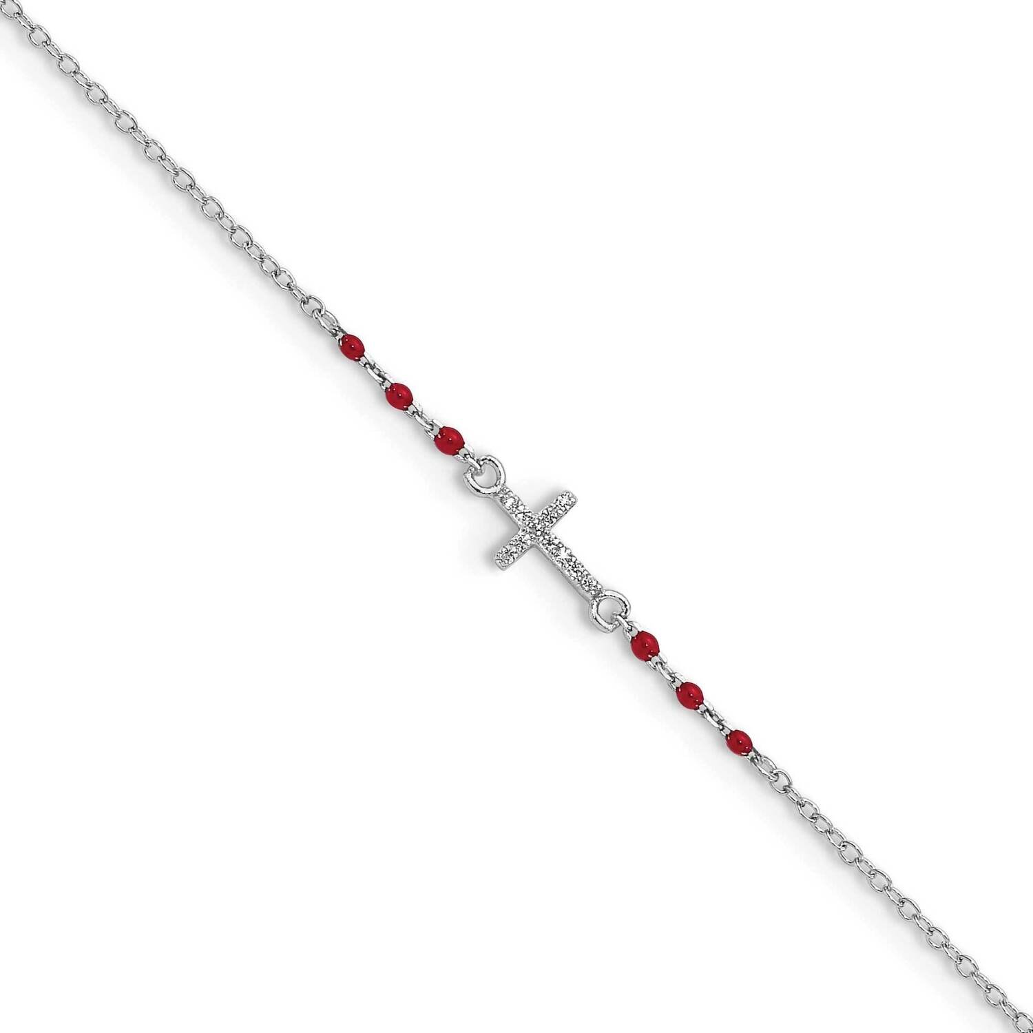 CZ Diamond Red Enamel Bead Cross Anklet Sterling Silver Rhodium-Plated Polished QG5755-10
