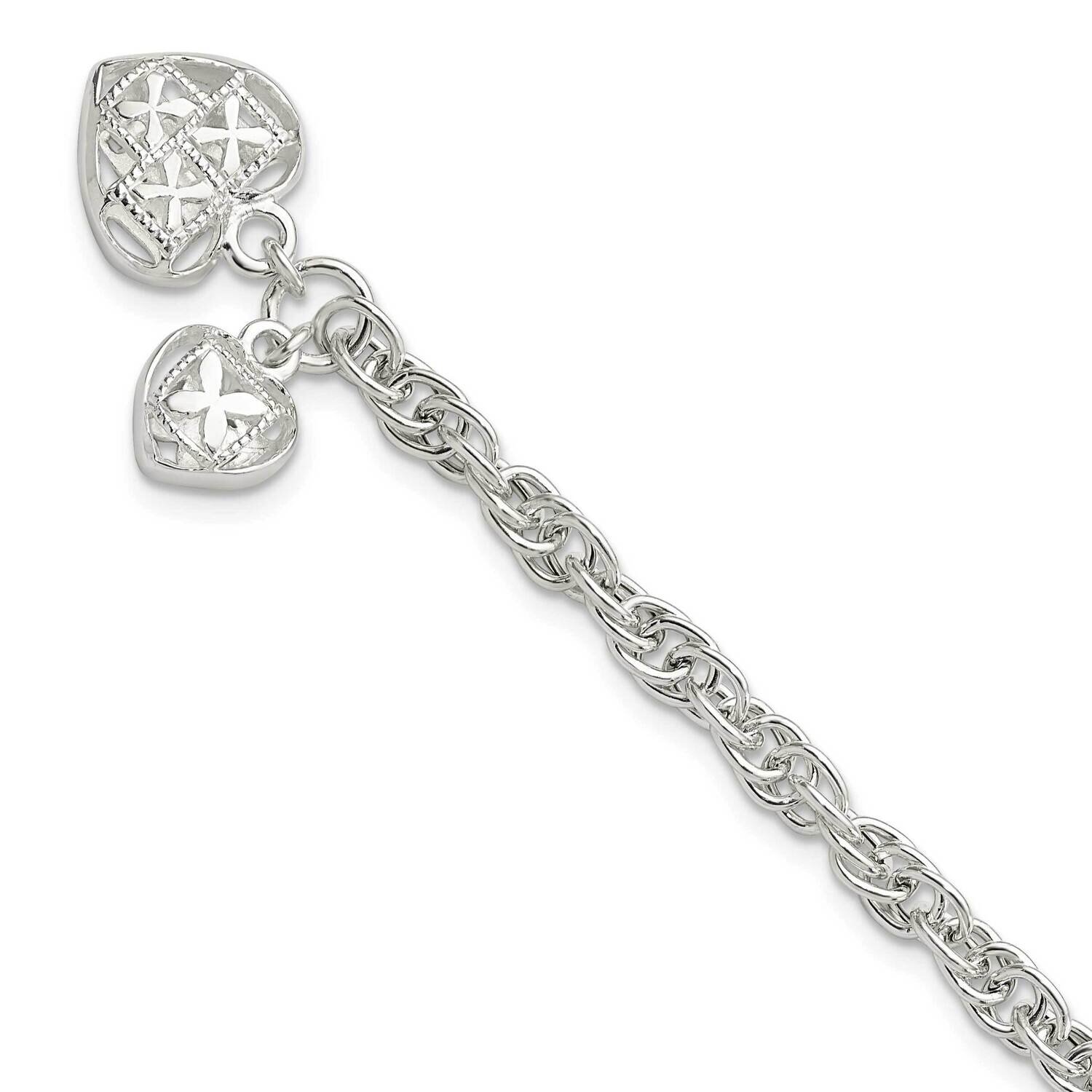 Dbl Heart Dangle Bracelet Sterling Silver Polished QG5782-7.5