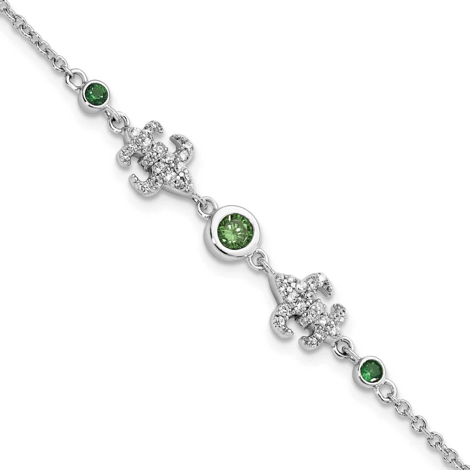 Green &amp; White CZ Diamond Fleur De Lis with 1 Inch Extender Bracelet Sterling Silver Rhodium-Plated …
