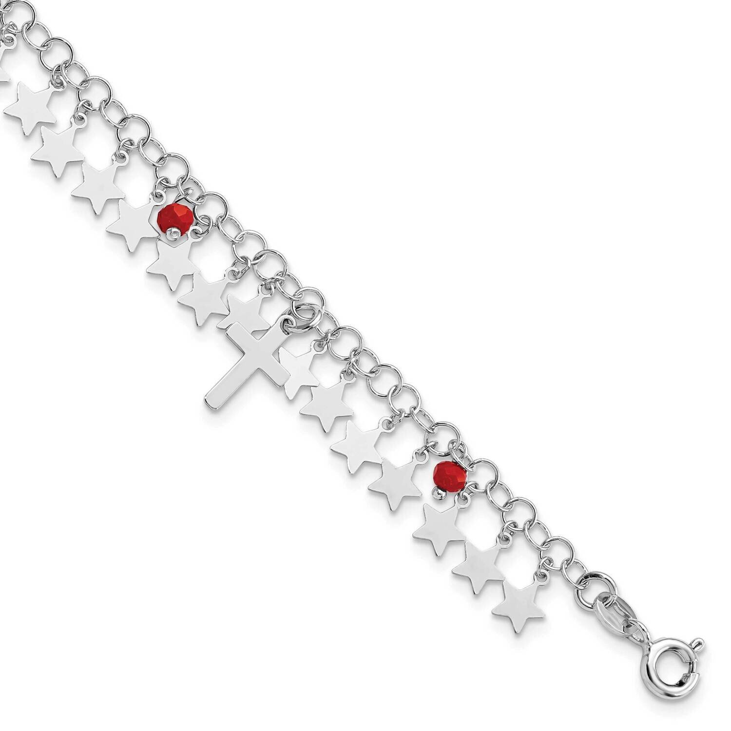 Red Crystal Cross and Star with 1.25 Inch Extender Br Sterling Silver Rhodium-Plated QG5801-6.75, M…