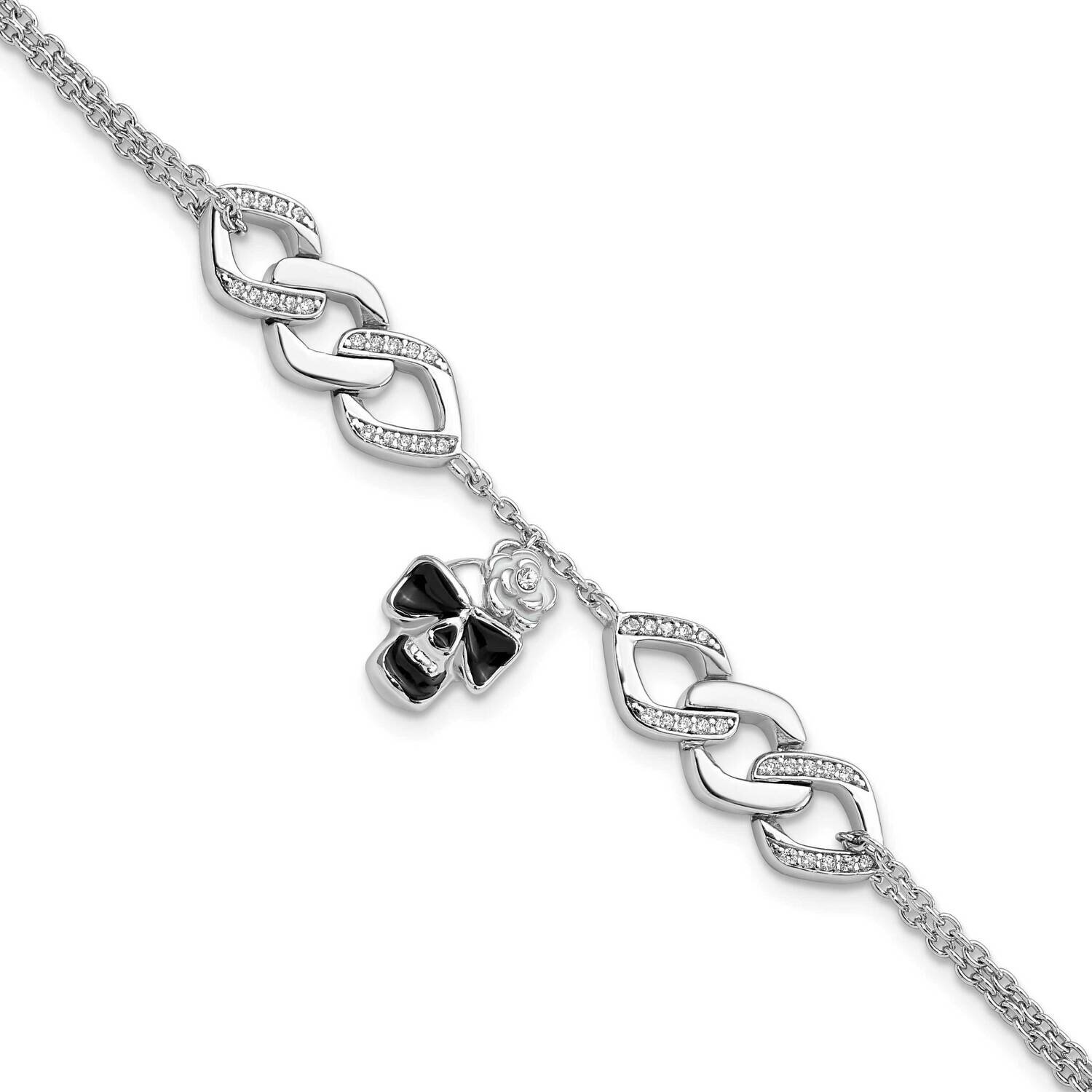 CZ Diamond Enamel Skull with Flower 6.5 Inch with 1 Inch Extender Bracelet Sterling Silver Rhodium-…