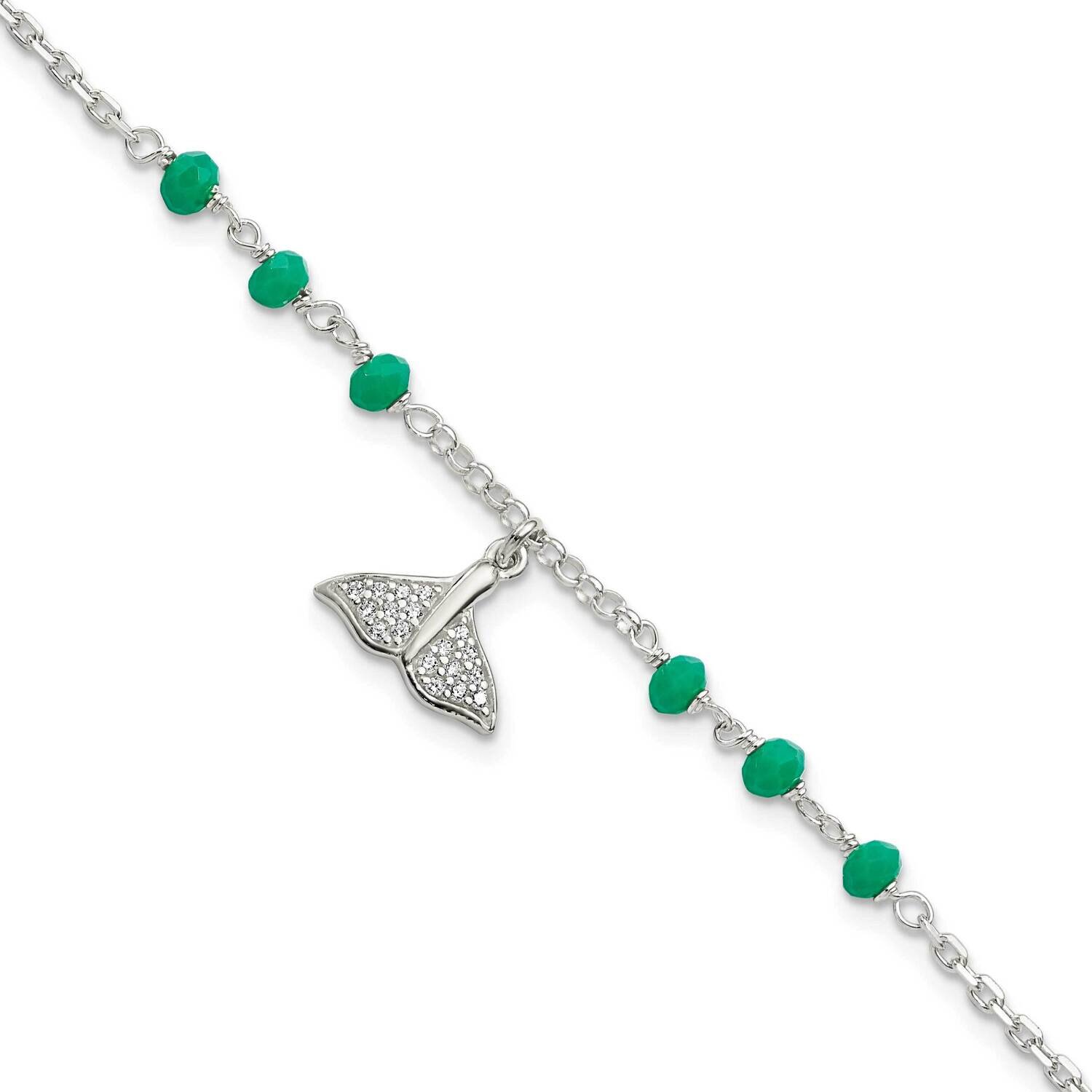 Whale Tail with Green Glass Beads Bracelet Sterling Silver Cz Diamond QG5918-7.5, MPN: QG5918-7.5, …