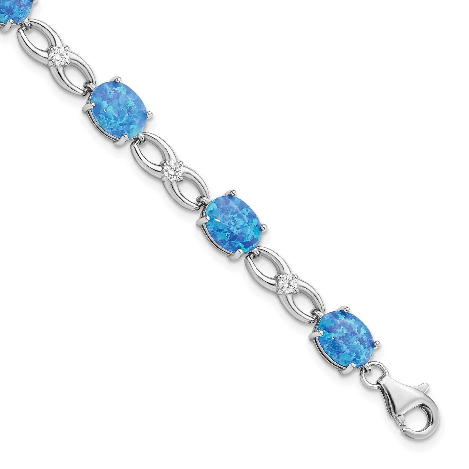 Blue Created Opal & CZ Diamond Bracelet Sterling Silver Rhodium-Plated Polished QG5922-7.25