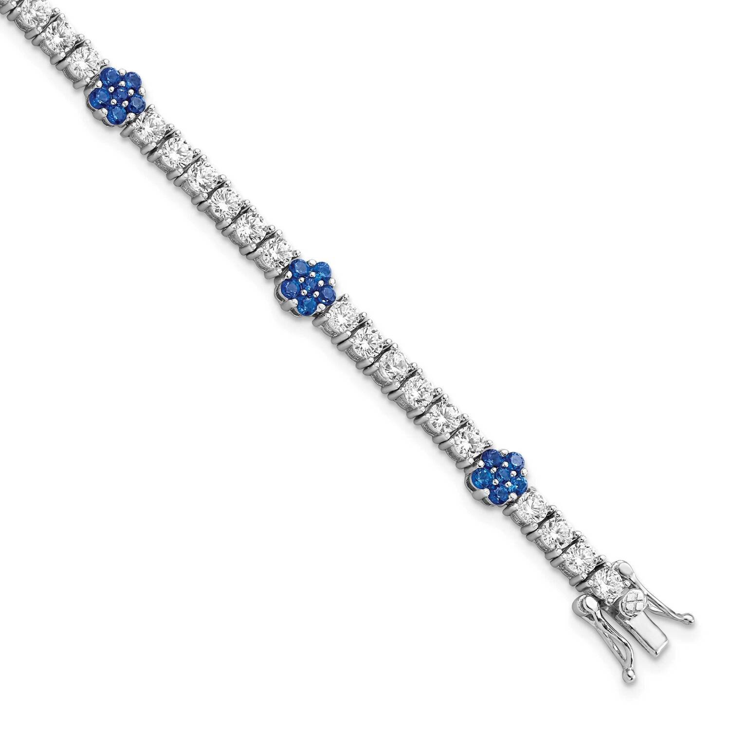 Cr Blue Spinel &amp; CZ Diamond Flower 7 Inch Bracelet Sterling Silver Rhodium-Plated QG5927-7, MPN: QG…