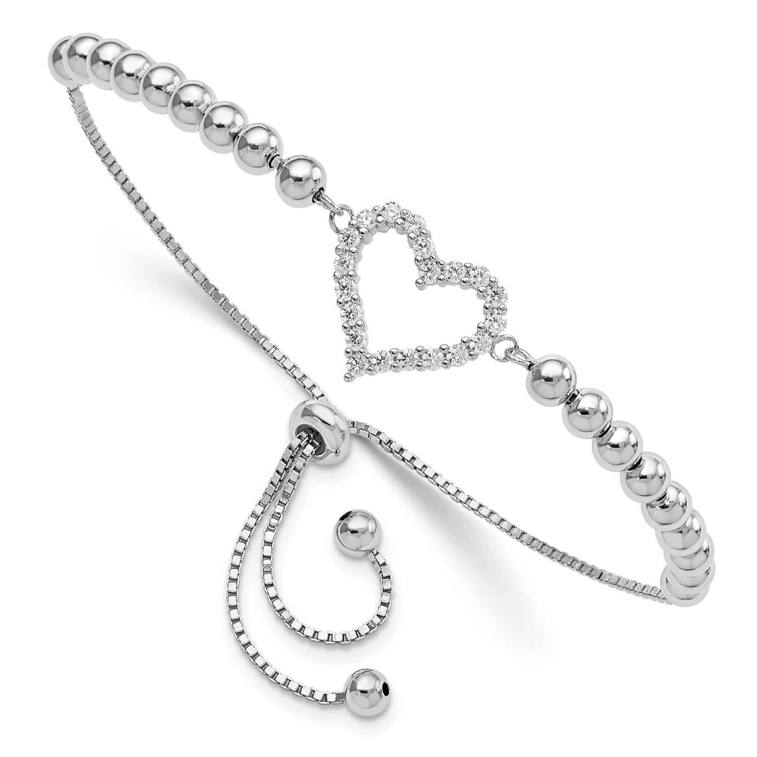 Beaded CZ Diamond Heart Adjustable Bracelet Sterling Silver Rhodium-Plated QG5942