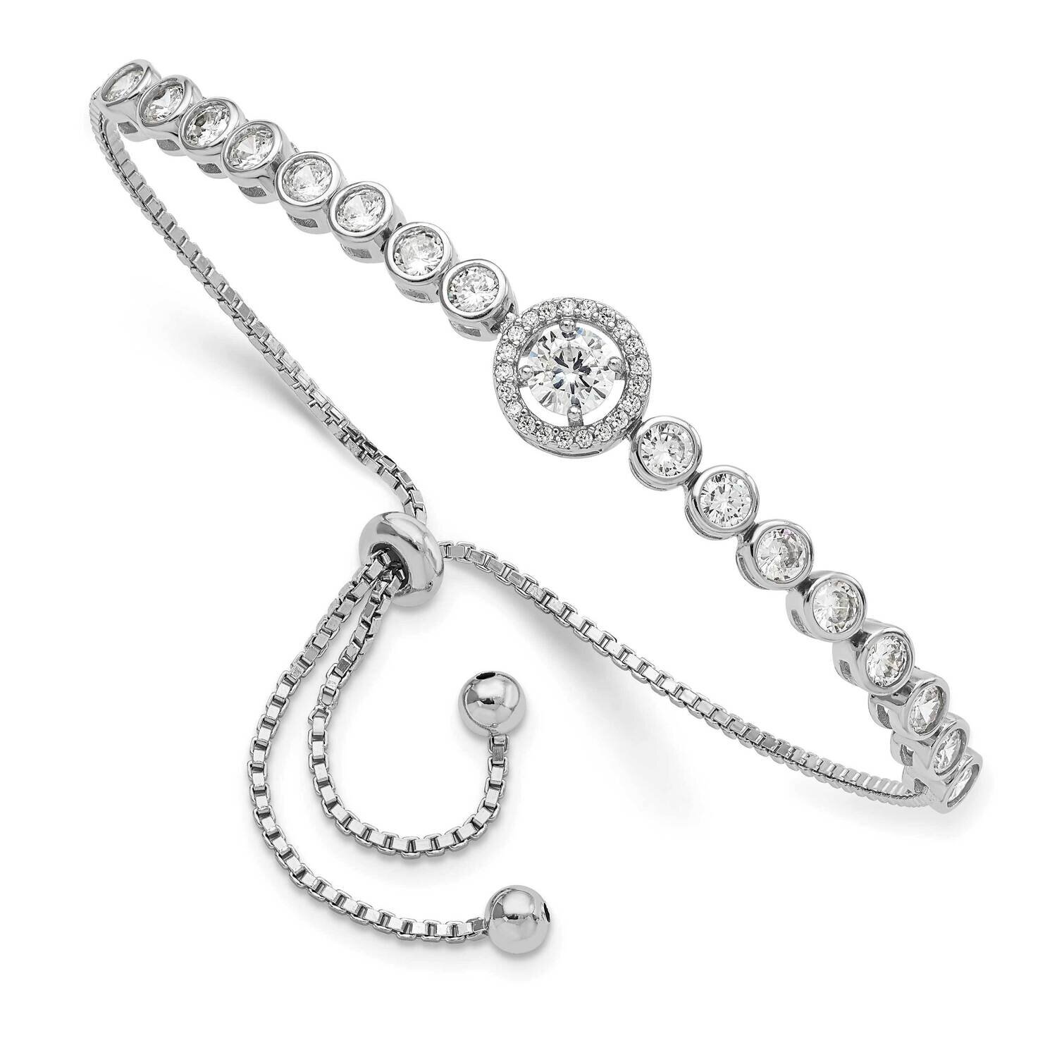 Bezel Set CZ Diamond &amp; Halo CZ Diamond Adjustable Bracelet Sterling Silver Rhodium-Plated QG5945, M…