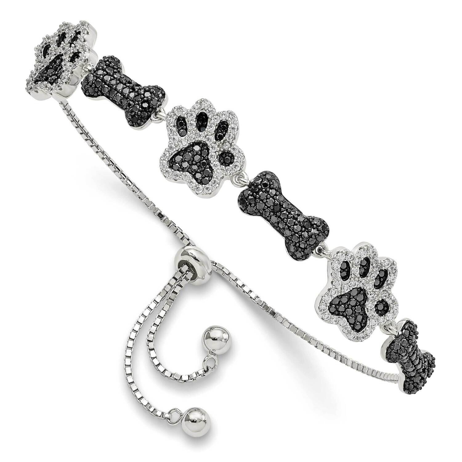 CZ Diamond Paw Print & Dog Bone Adj Bracelet Sterling Silver Polished QG5955