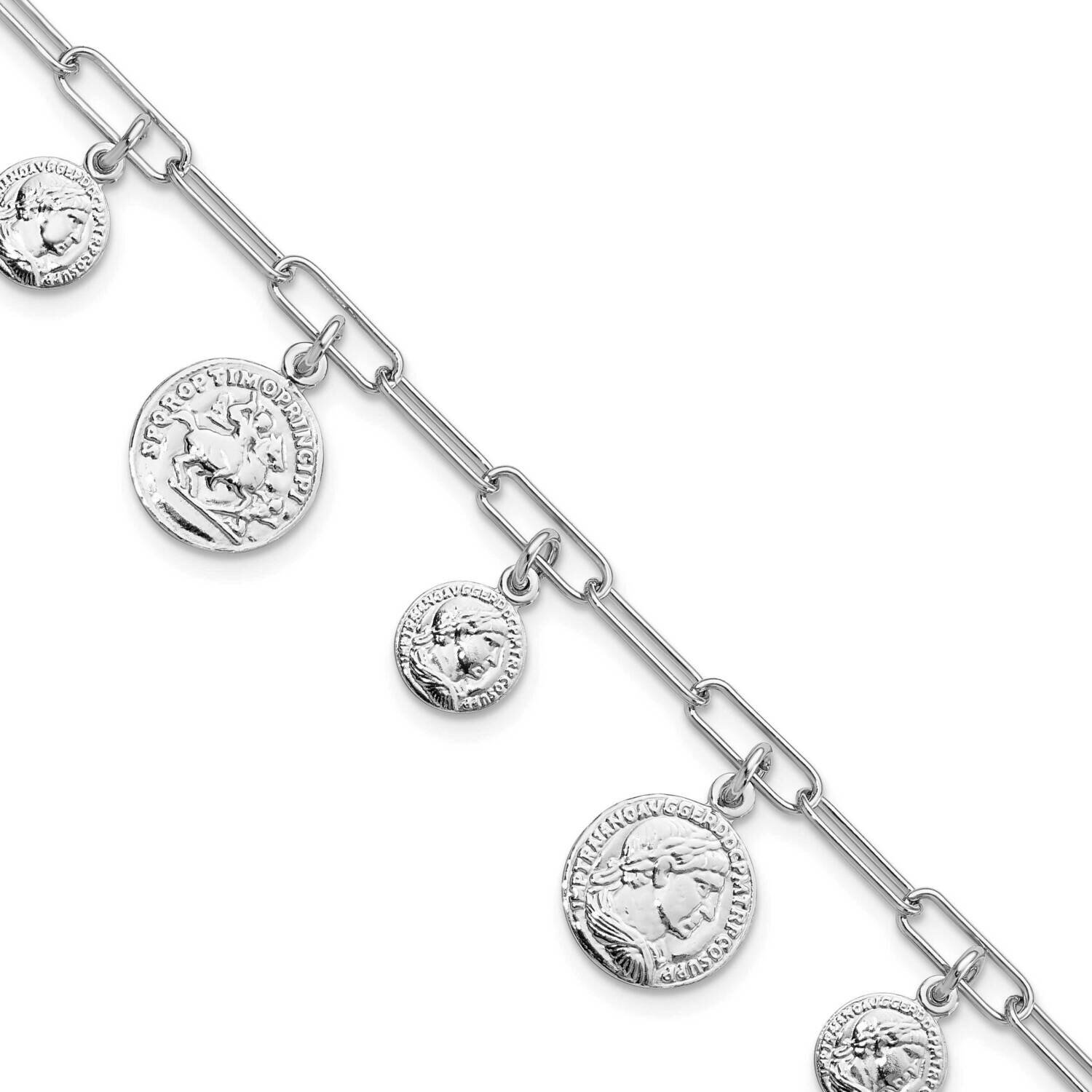Coin Charm with 1 Inch Extender Bracelet Sterling Silver Rhodium-Plated Polished QG5992-6.75