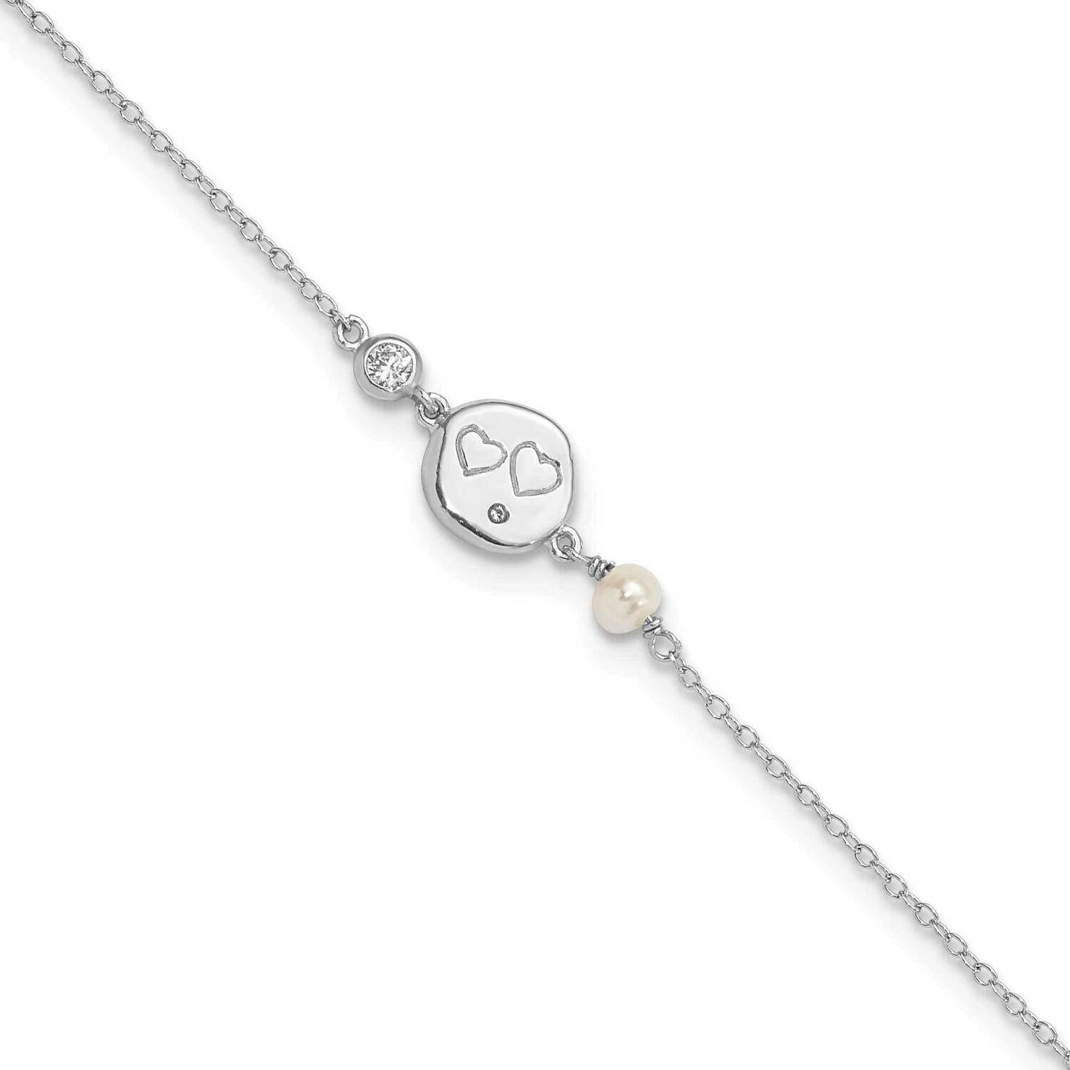 CZ Diamond Fw Cultured Pearl with Hearts Bracelet Sterling Silver Rhodium-Plated QG6028-7.5