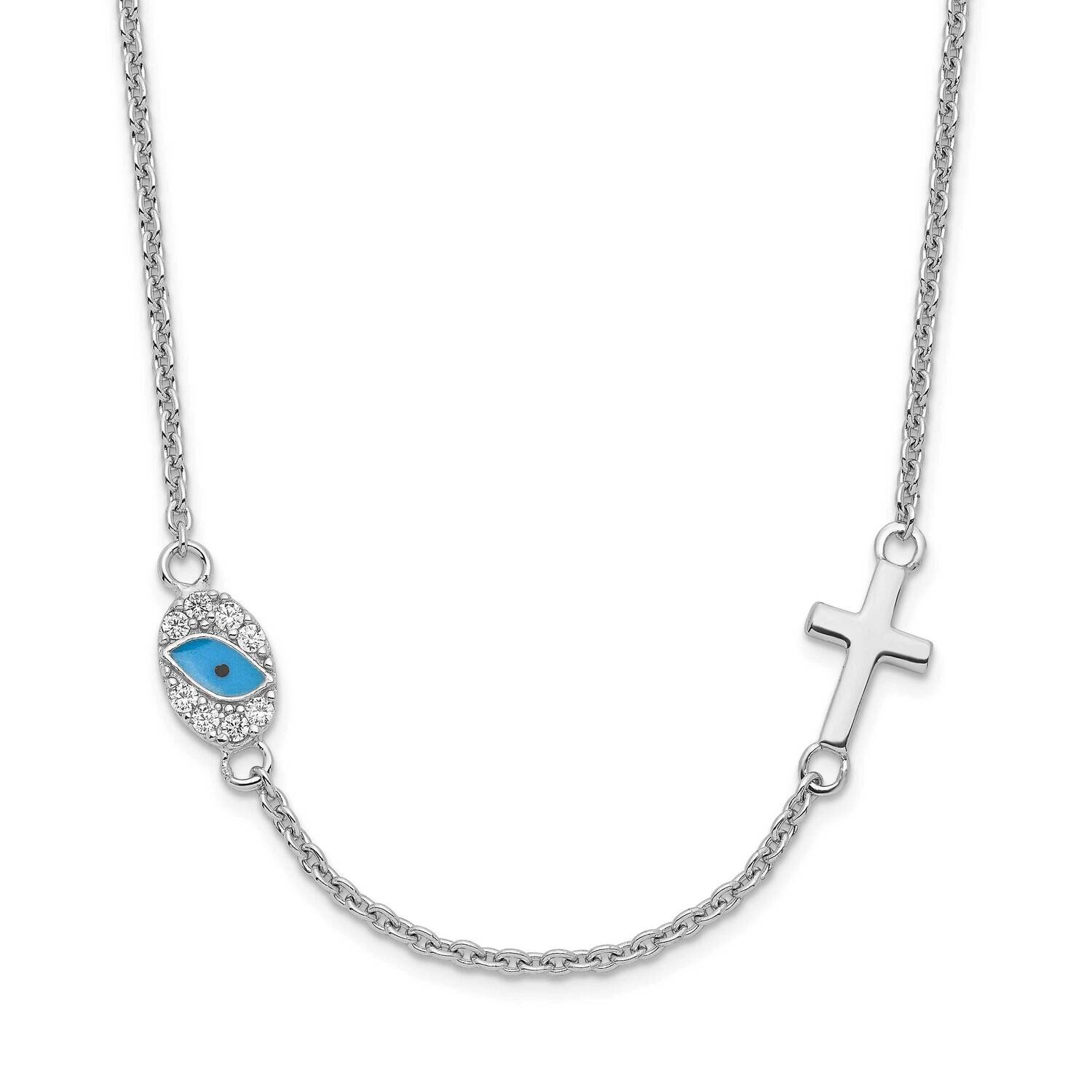 CZ Diamond Enamel Cross with Eye 16.5 Inch with 2 Inch Extender Necklace 18.5 Inch Sterling Silver …