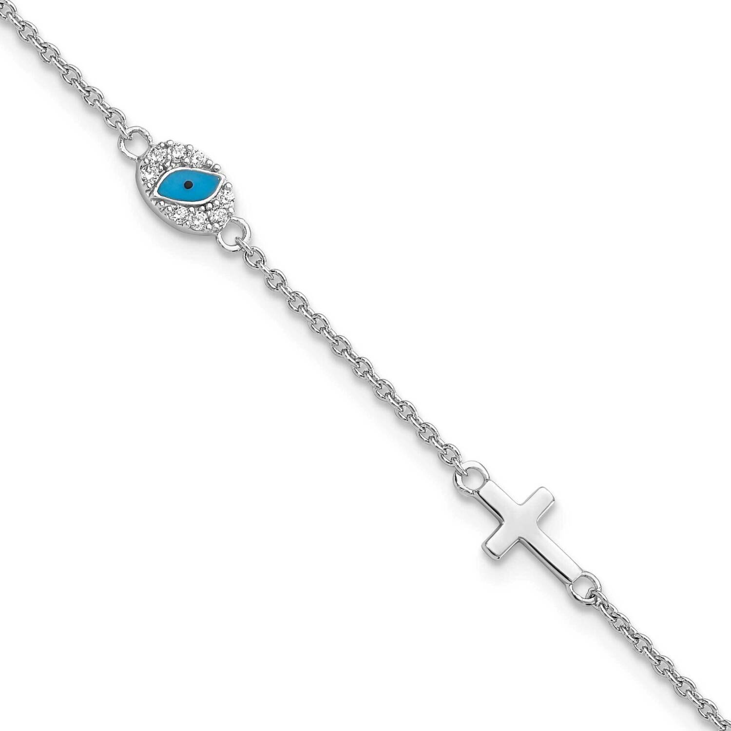CZ Diamond Enamel Cross with Eye 6.5 Inch with 1 Inch Extender Bracelet Sterling Silver Rhodium-Pla…