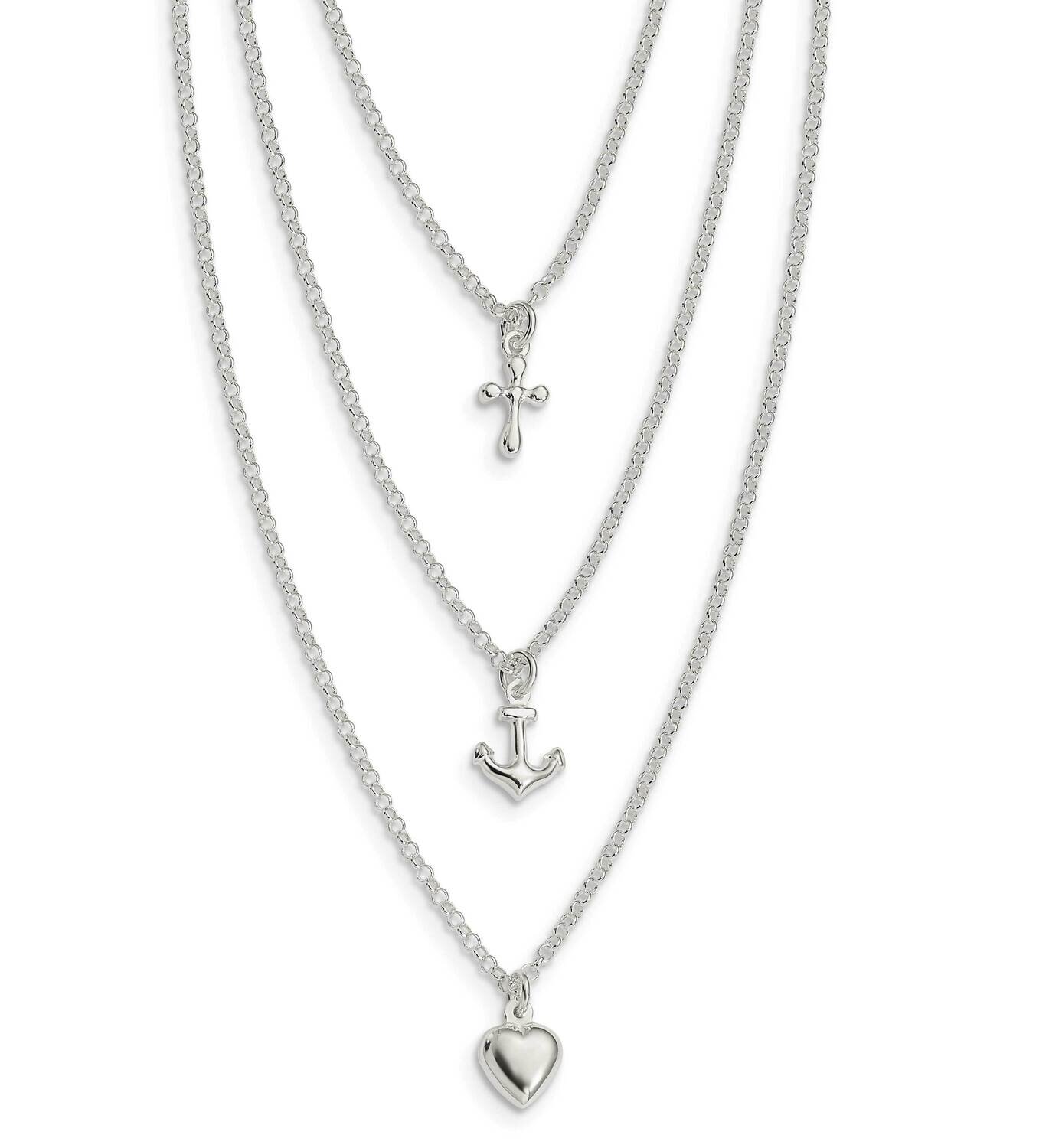Cross, Anchor, Heart Multi Strand Necklace 16 Inch Sterling Silver QG6047-16