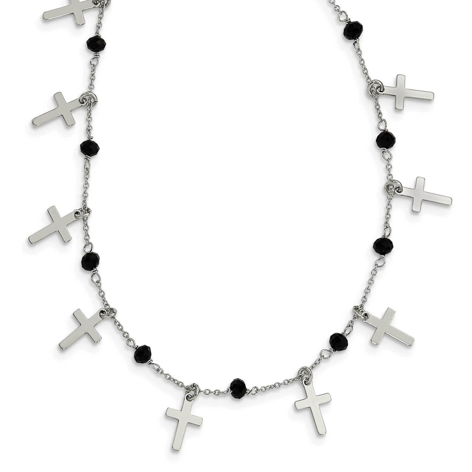 Black Crystal Cross with 1.25 Inch Extender Necklace 16.25 Inch Sterling Silver Rhodium-Plated QG6050-15