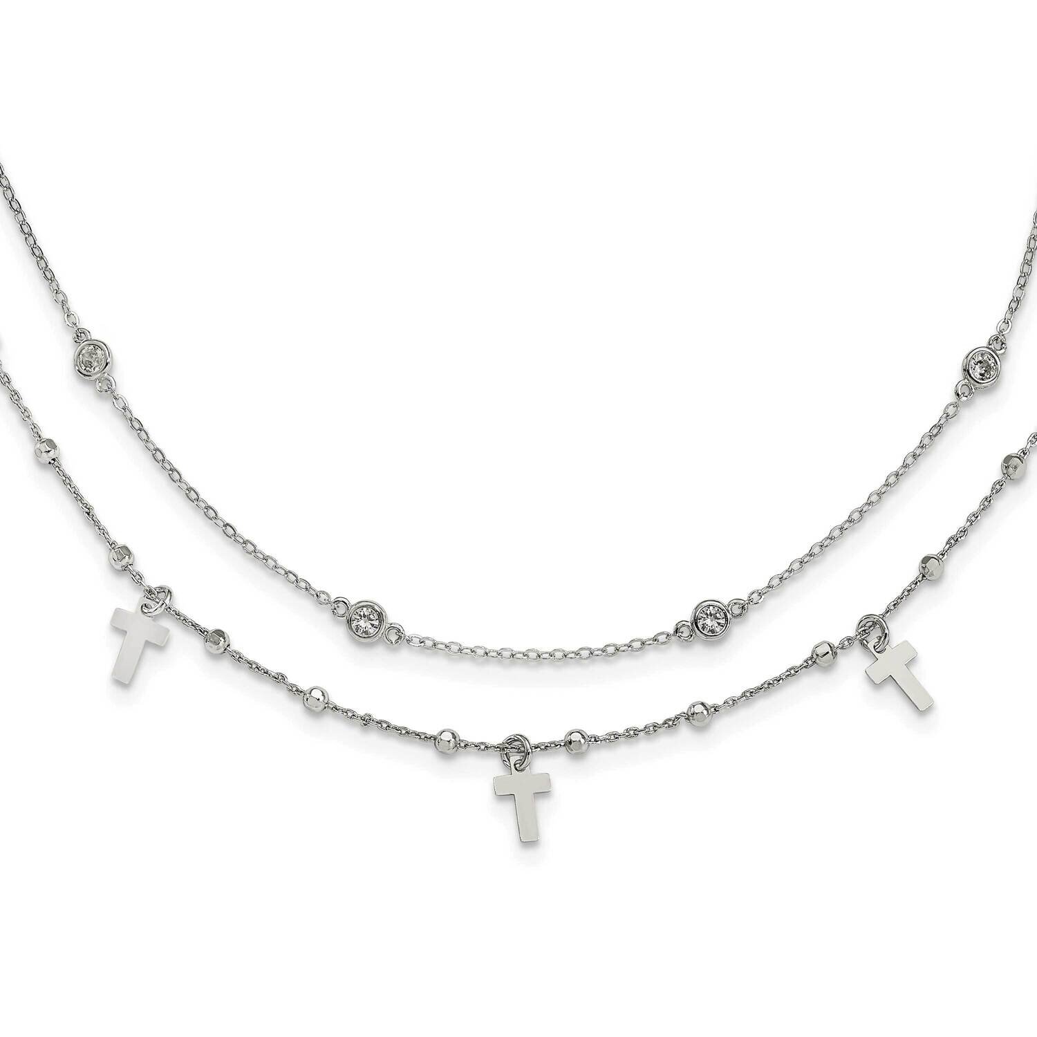 Cross and CZ Diamond with 2 Inch Extender Necklace 18 Inch Sterling Silver Rhodium-Plated Polished QG6051-16