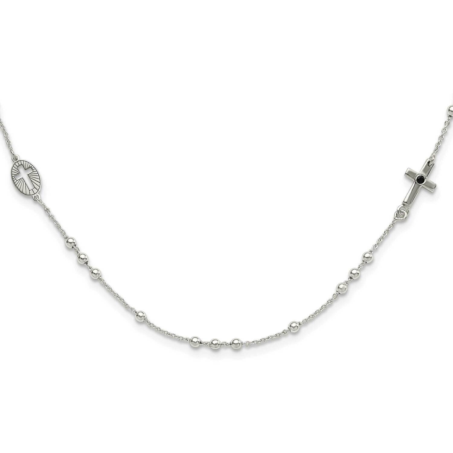 Black CZ Diamond Beaded Cross Necklace 16 Inch Sterling Silver QG6053-16