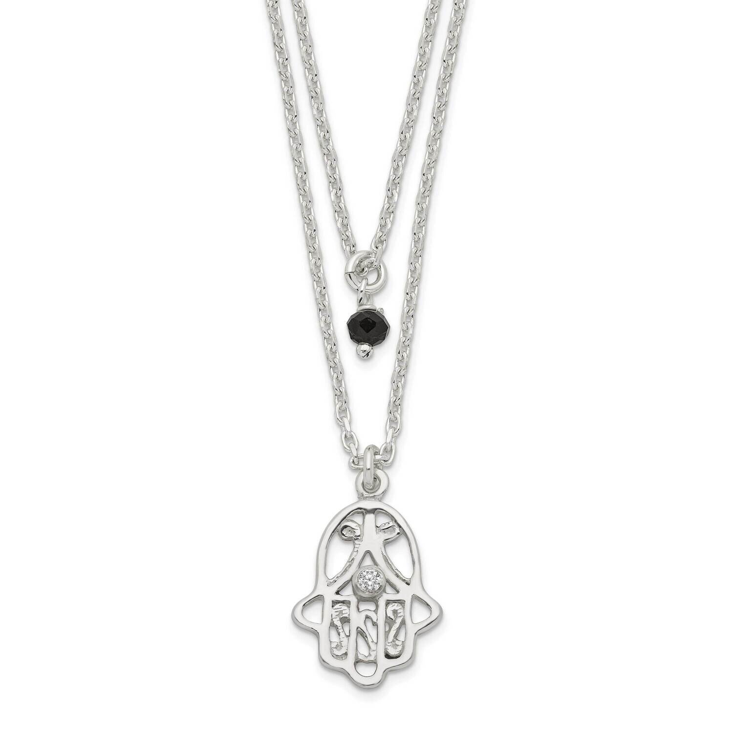 Black Glass Stone and White CZ Diamond 2-Strand Hamsa Necklace 16 Inch Sterling Silver QG6057-16, M…