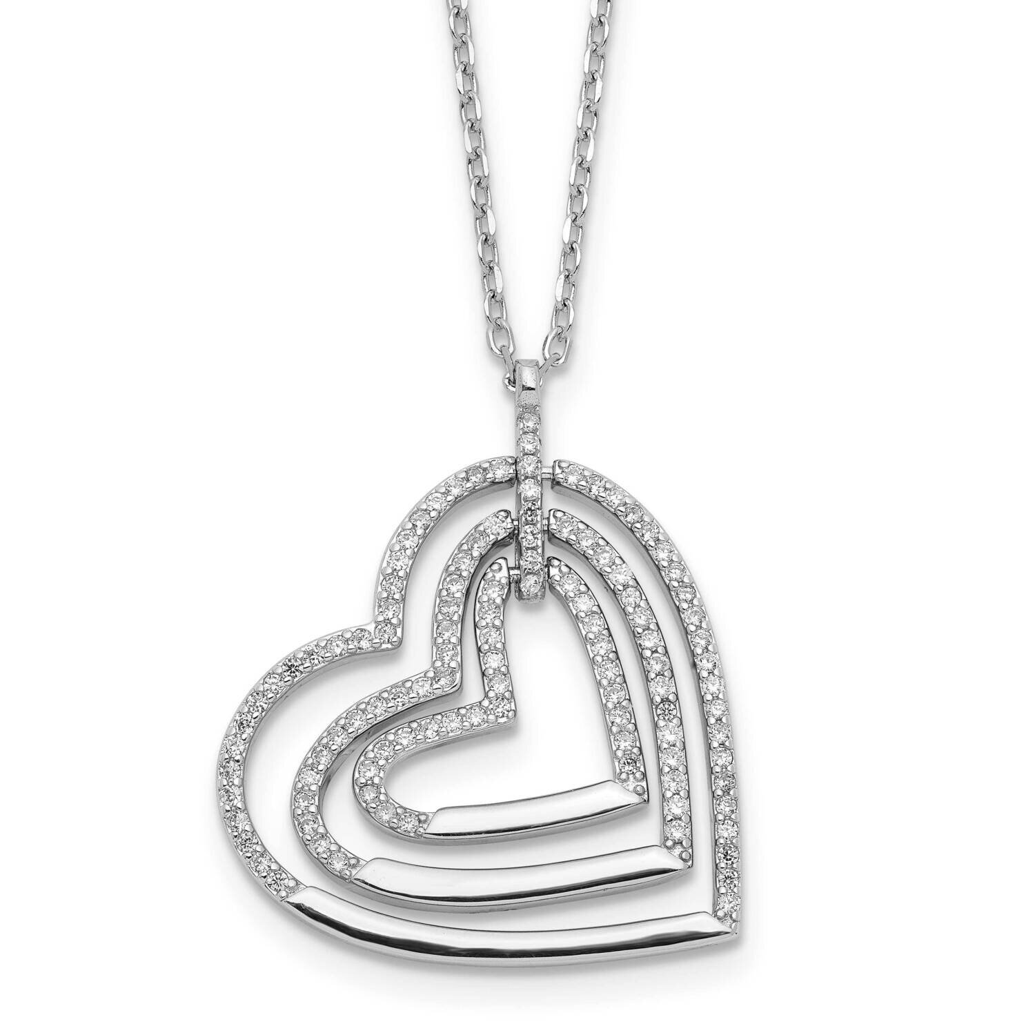 Triple Open CZ Diamond Heart with 2 In Extender Necklace 16 Inch Sterling Silver Rhodium-Plated QG6086-16