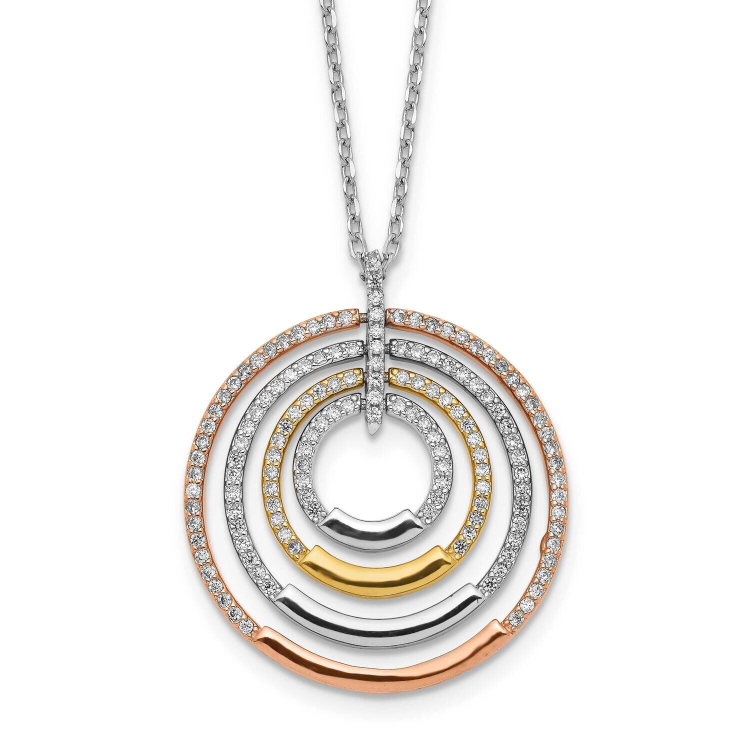 Gold and Rose-Tone CZ Diamond Circles with 2 In Extender Necklace 16 Inch Sterling Silver Rhodium-P…