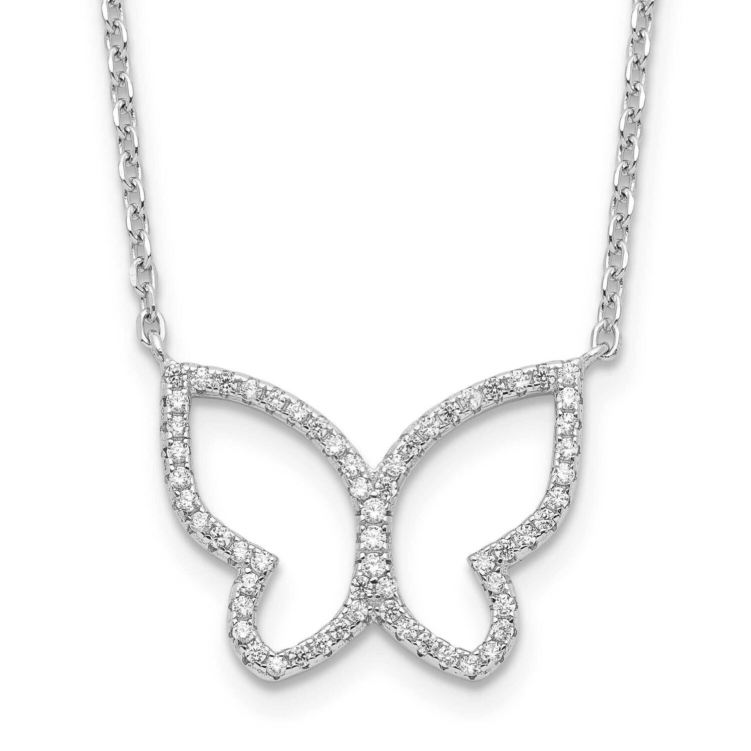 Open Butterfly CZ Diamond with 2 In Extender Necklace 16 Inch Sterling Silver Rhodium-Plated QG6150-16