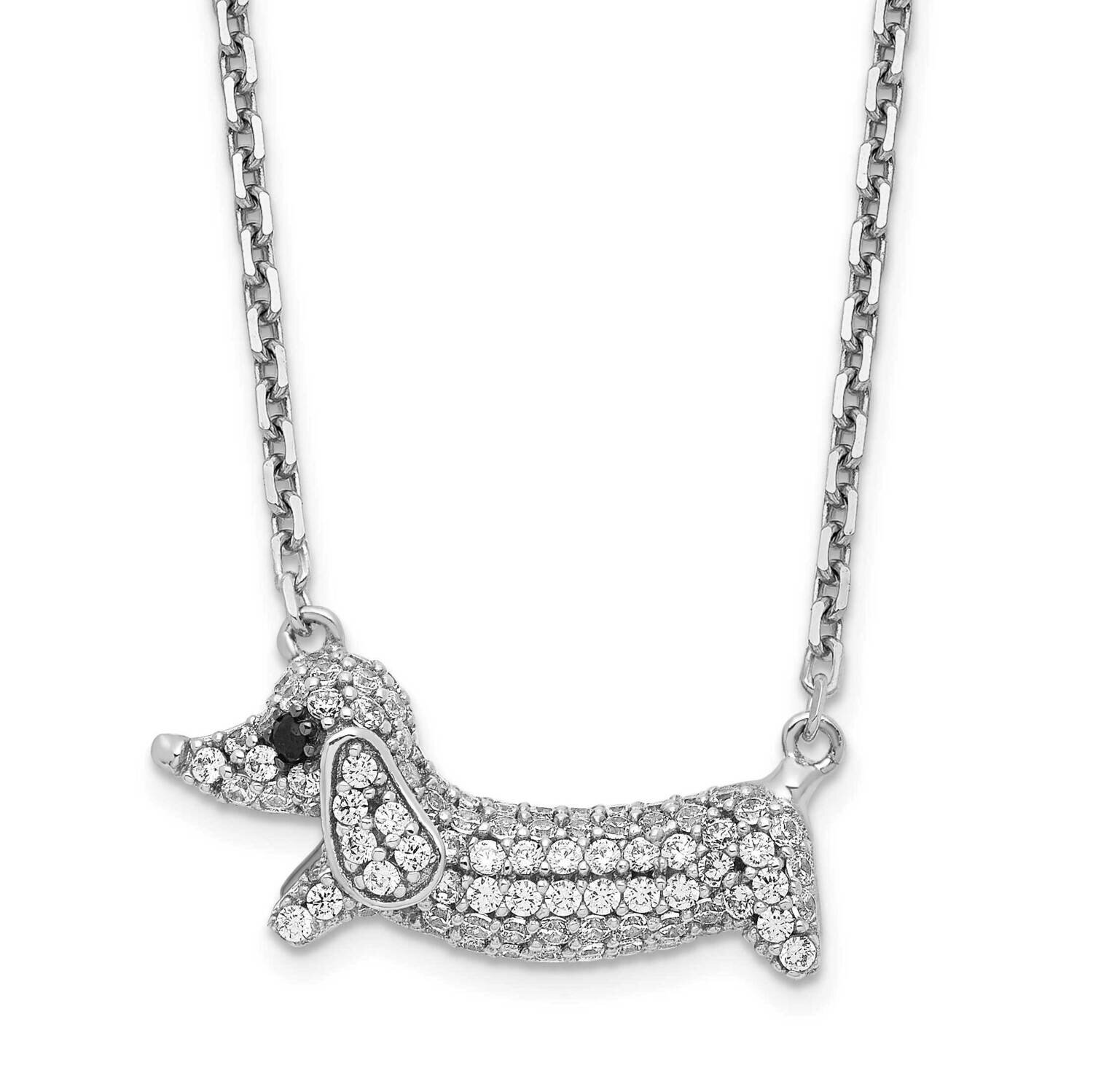 CZ Diamond Dachshund with 2 Inch Extender Necklace 16 Inch Sterling Silver Rhodium-Plated QG6167-16