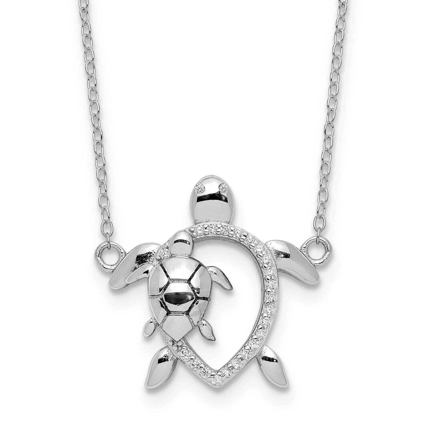 CZ Diamond Turtles with 2 In Extender Necklace 16 Inch Sterling Silver Rhodium-Plated Polished QG61…