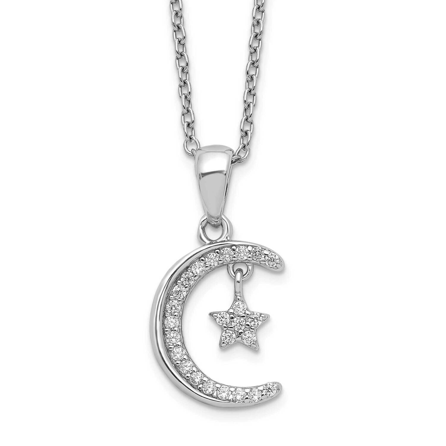 Rhodium-Plated CZ Diamond Moon &amp; Star 18 Inch Necklace Sterling Silver Polished QG6176-18, MPN: QG6…