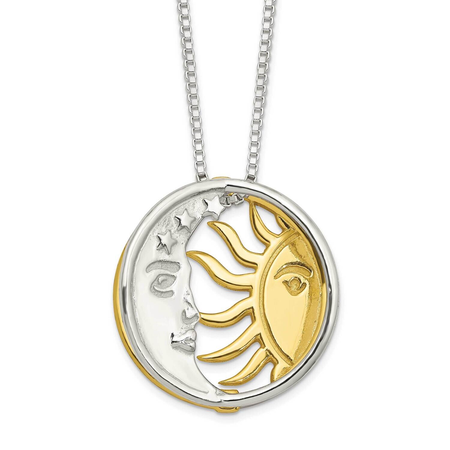Gold-Tone Polished Sun Moon Necklace 18 Inch Sterling Silver QG6178-18