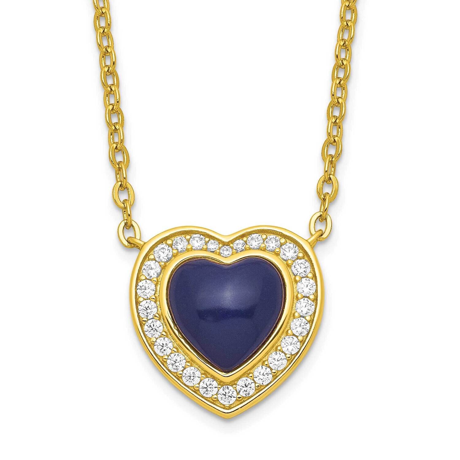 CZ Diamond &amp; Created Lapis Lazuli Heart with 2 Inch Extender Necklac Sterling Silver Gold-Tone QG61…