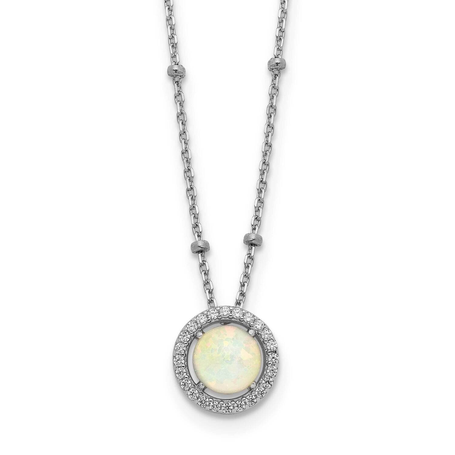 White Created Opal CZ Diamond Beaded with 2 In Extender Necklace 16 Inch Sterling Silver Rhodium-Pl…