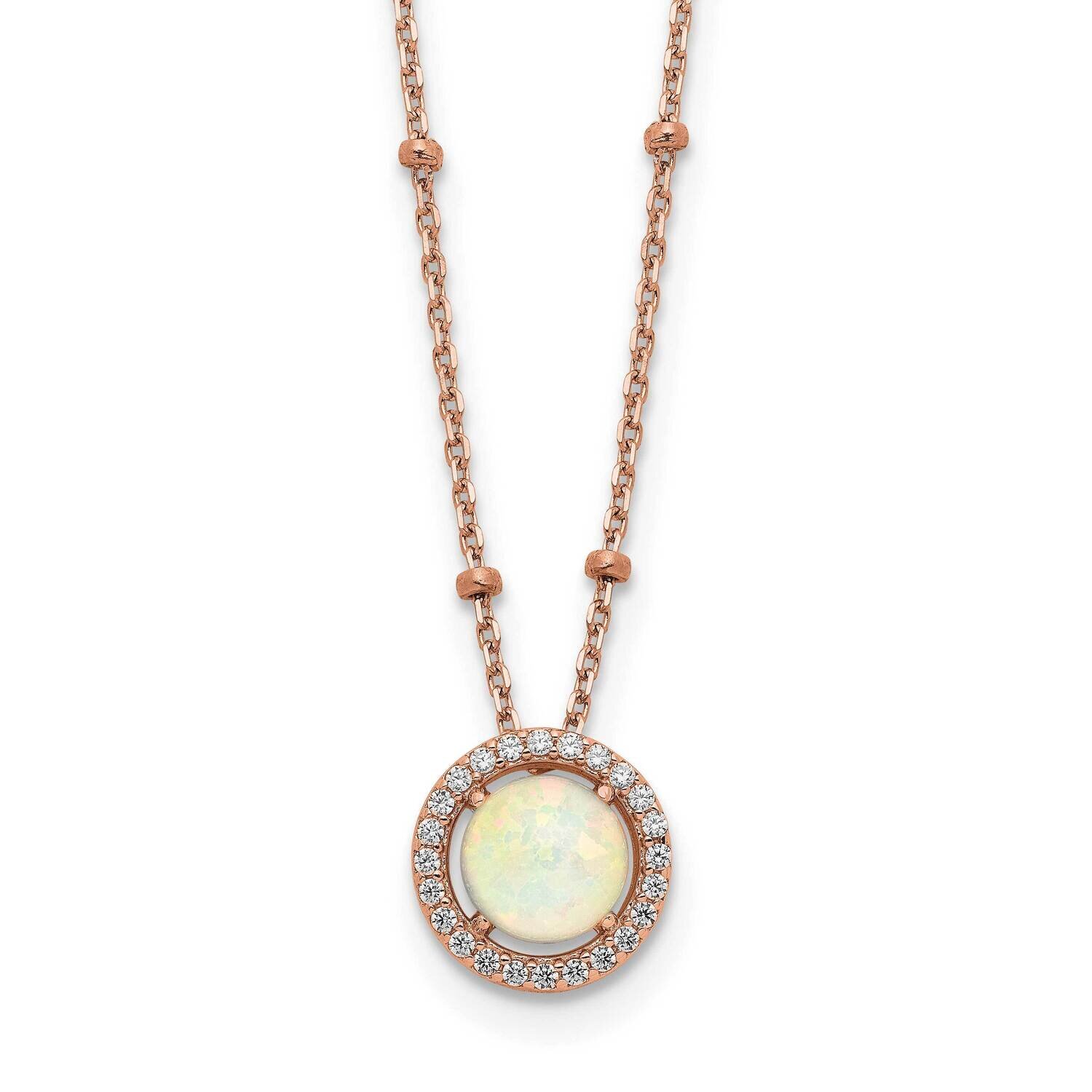 White Created Opal CZ Diamond with 2 In Extender Necklace 16 Inch Sterling Silver Rose-Tone QG6187-16