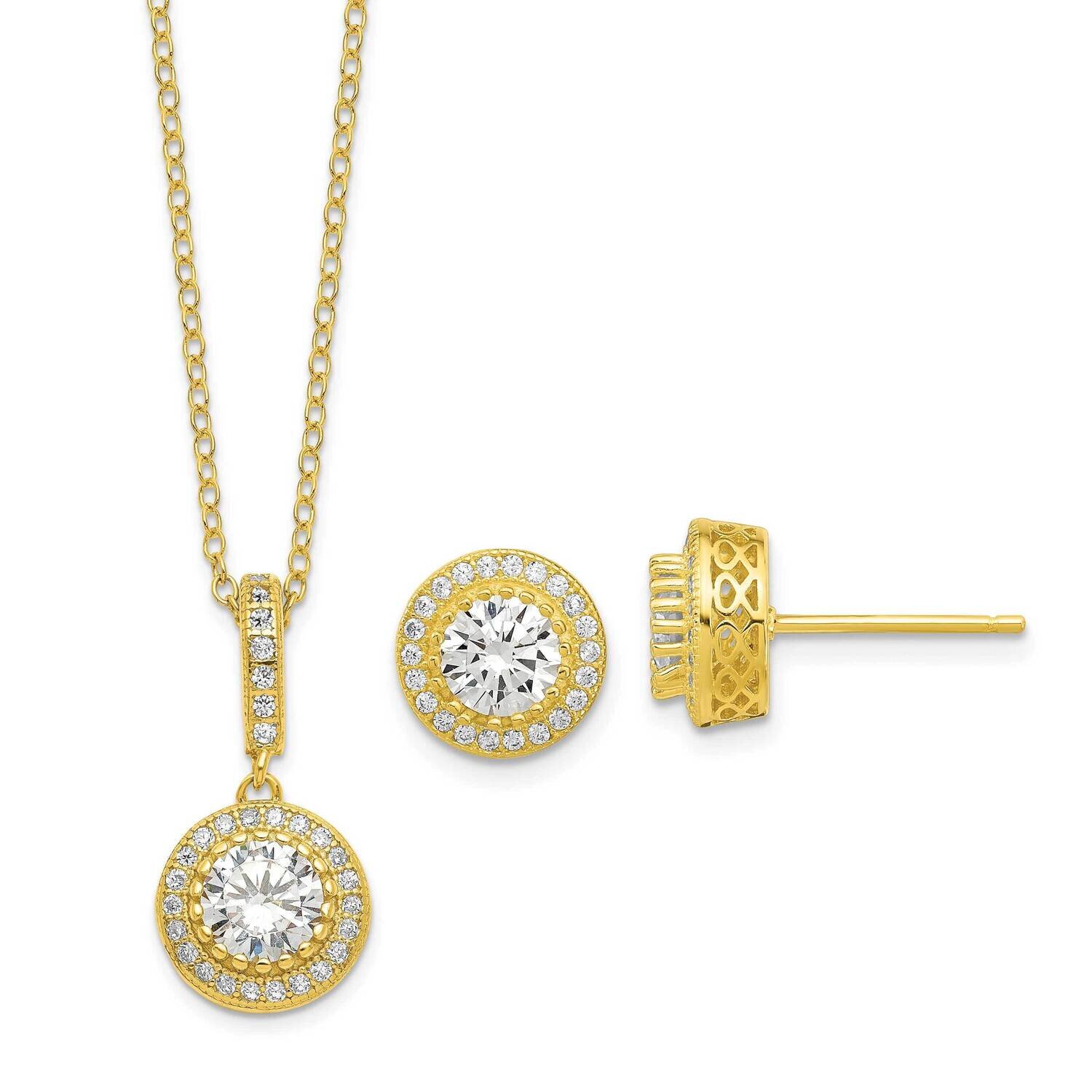 Gold-Tone CZ Diamond 18 Inch Necklace Post Earrings Set Sterling Silver Polished QG6192SET, MPN: QG…