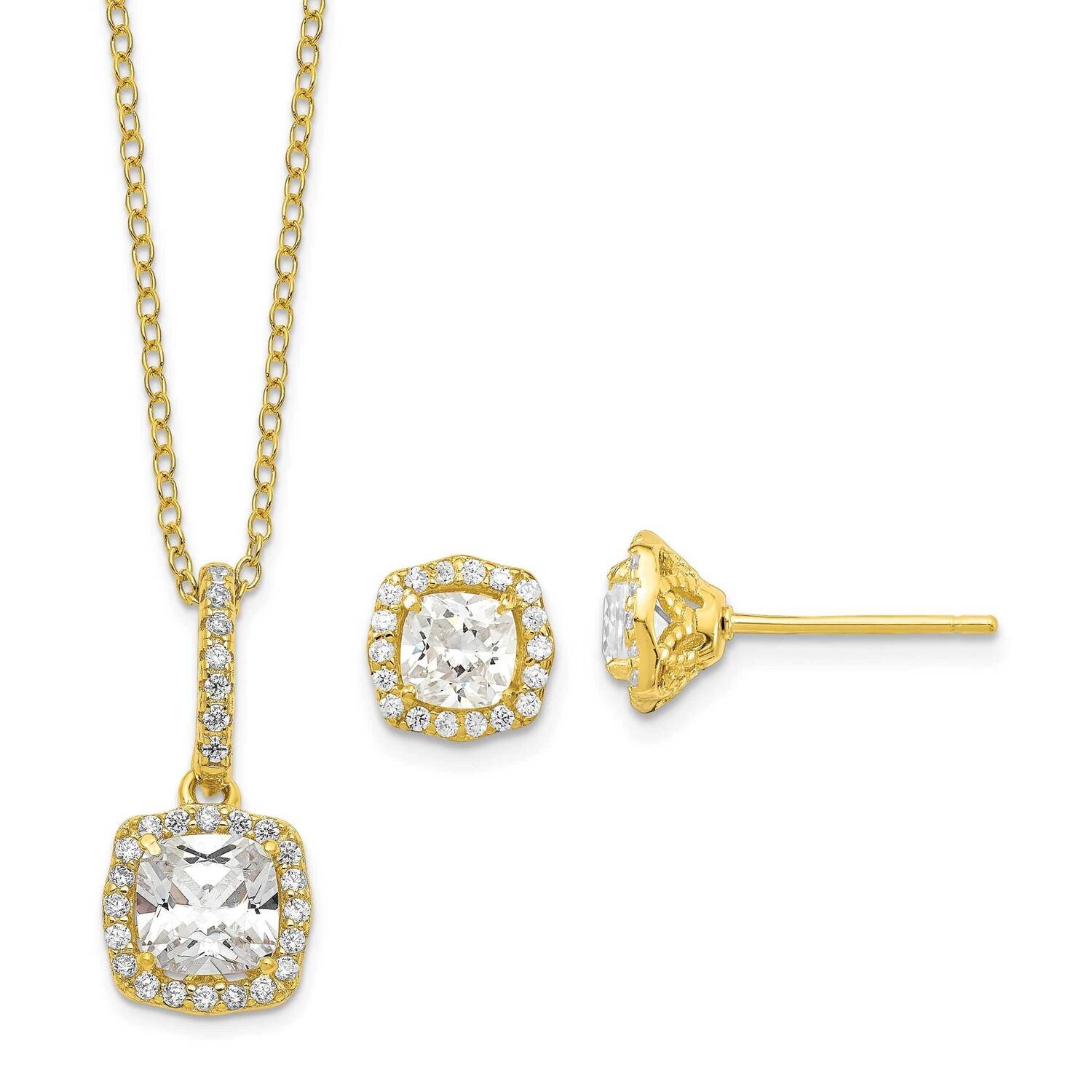 Gold-Tone CZ Diamond 18 Inch Necklace Post Earrings Set Sterling Silver Polished QG6196SET, MPN: QG…