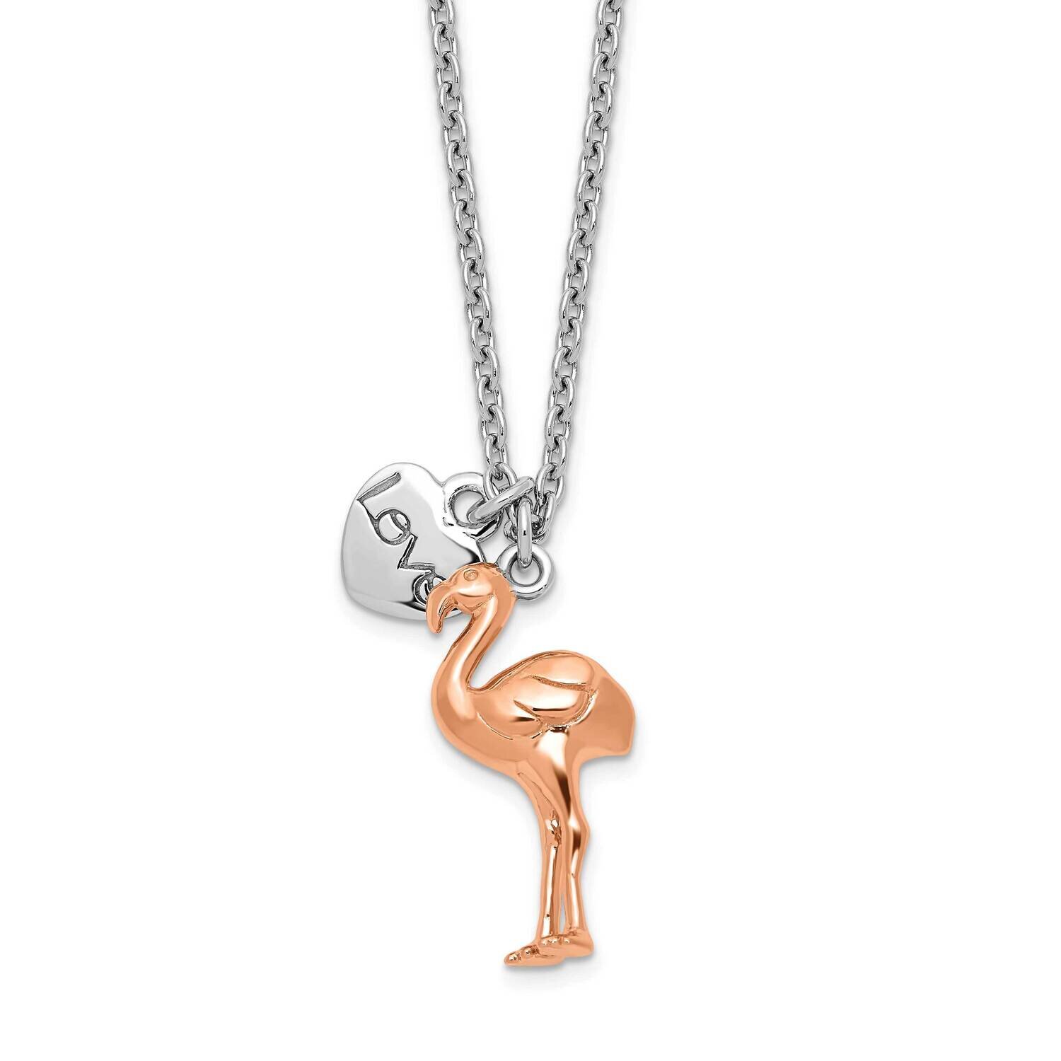 Rose Gold-Plated Flamingo Heart with 1 Inch Extender Necklace 16.5 Inch Sterling Silver Rhodium-Pla…